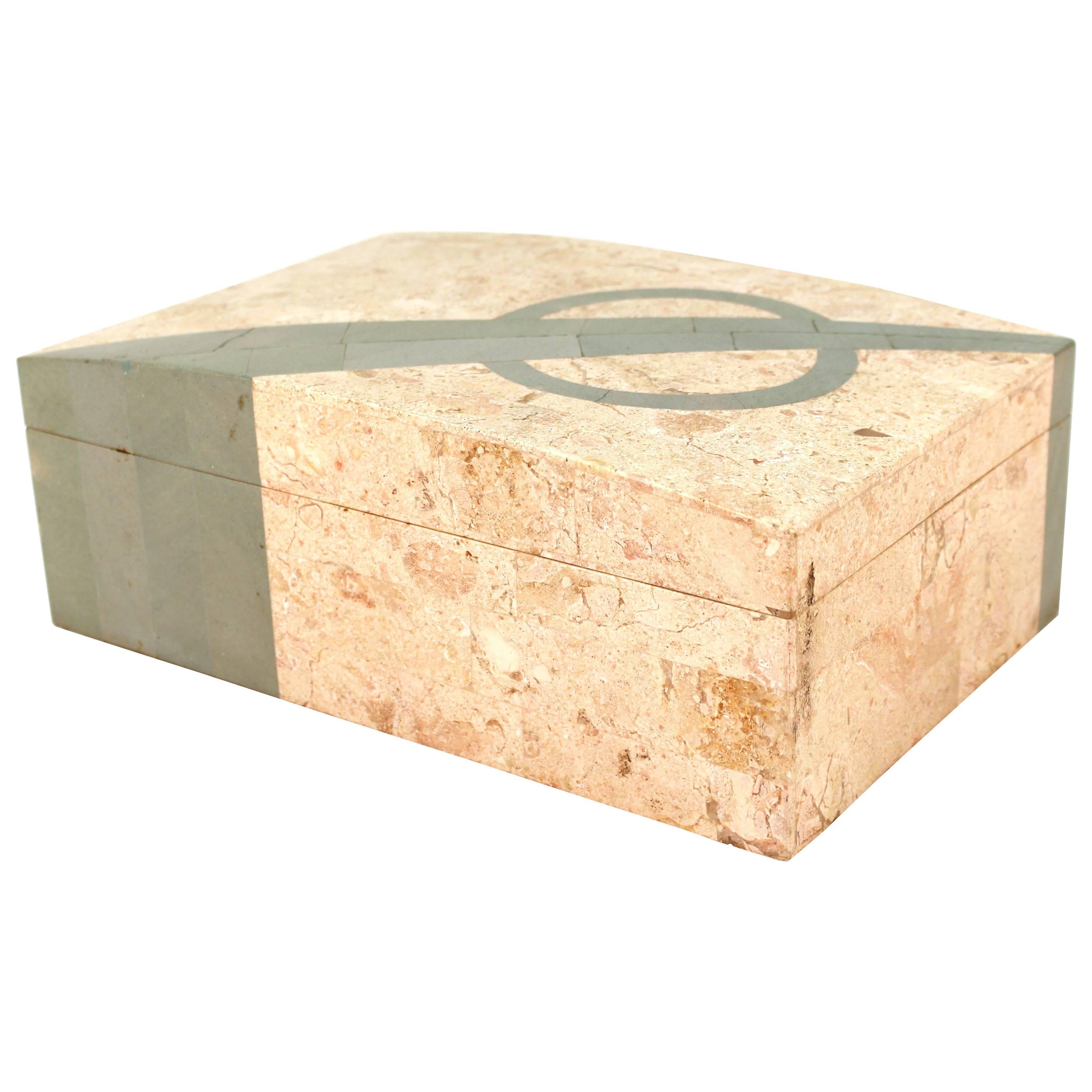 Maitland-Smith Style Midcentury Tessellated Box in Marble and Green Mineral
