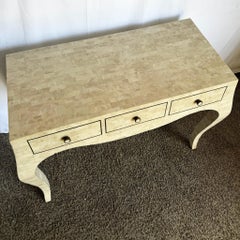 Maitland Smith Style Polished Tessellated Stone Desk With Brass Inlay