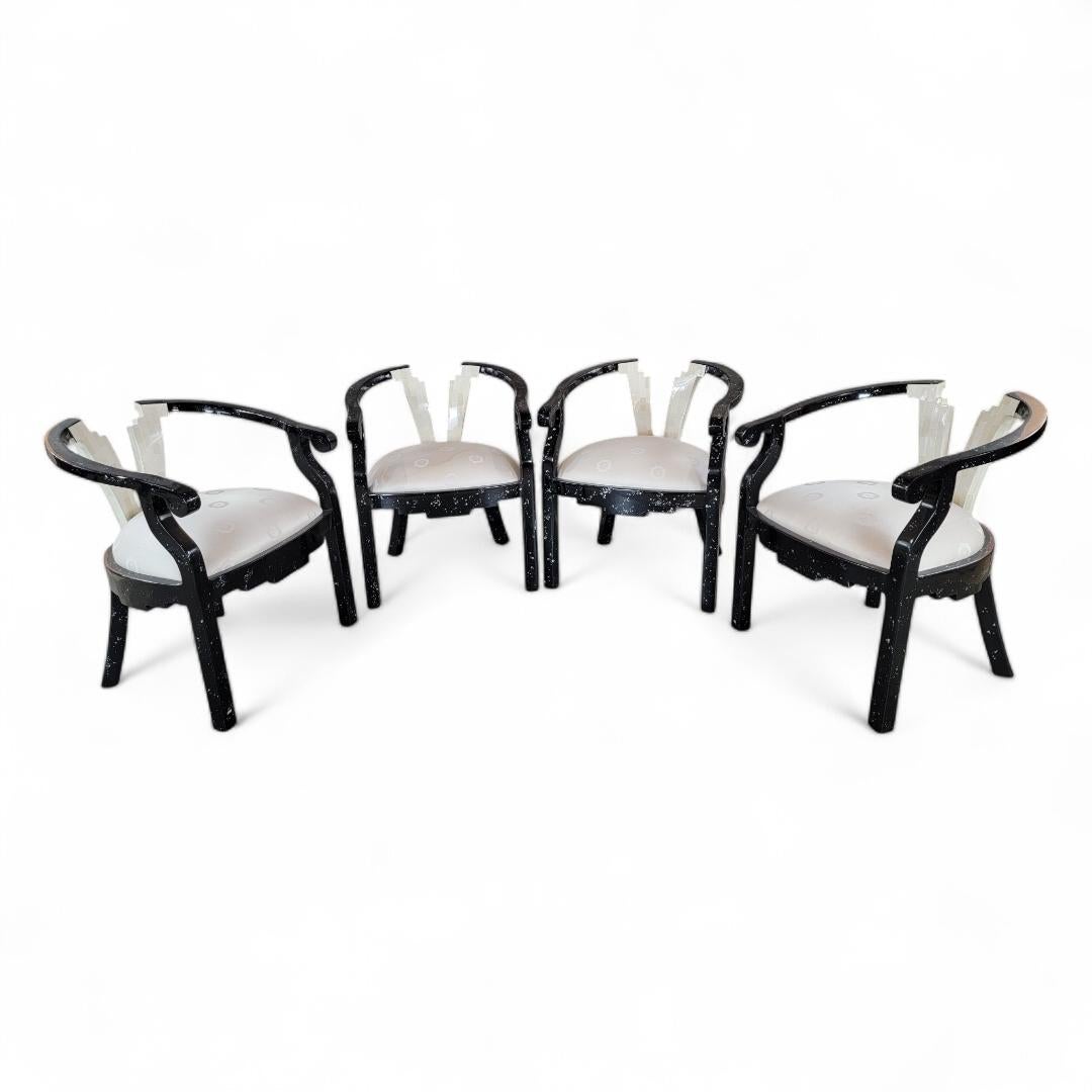 Poltrone scultoree postmoderne in stile Maitland Smith con intarsi in pietra e madreperla - Set di 6 poltrone in lacca
