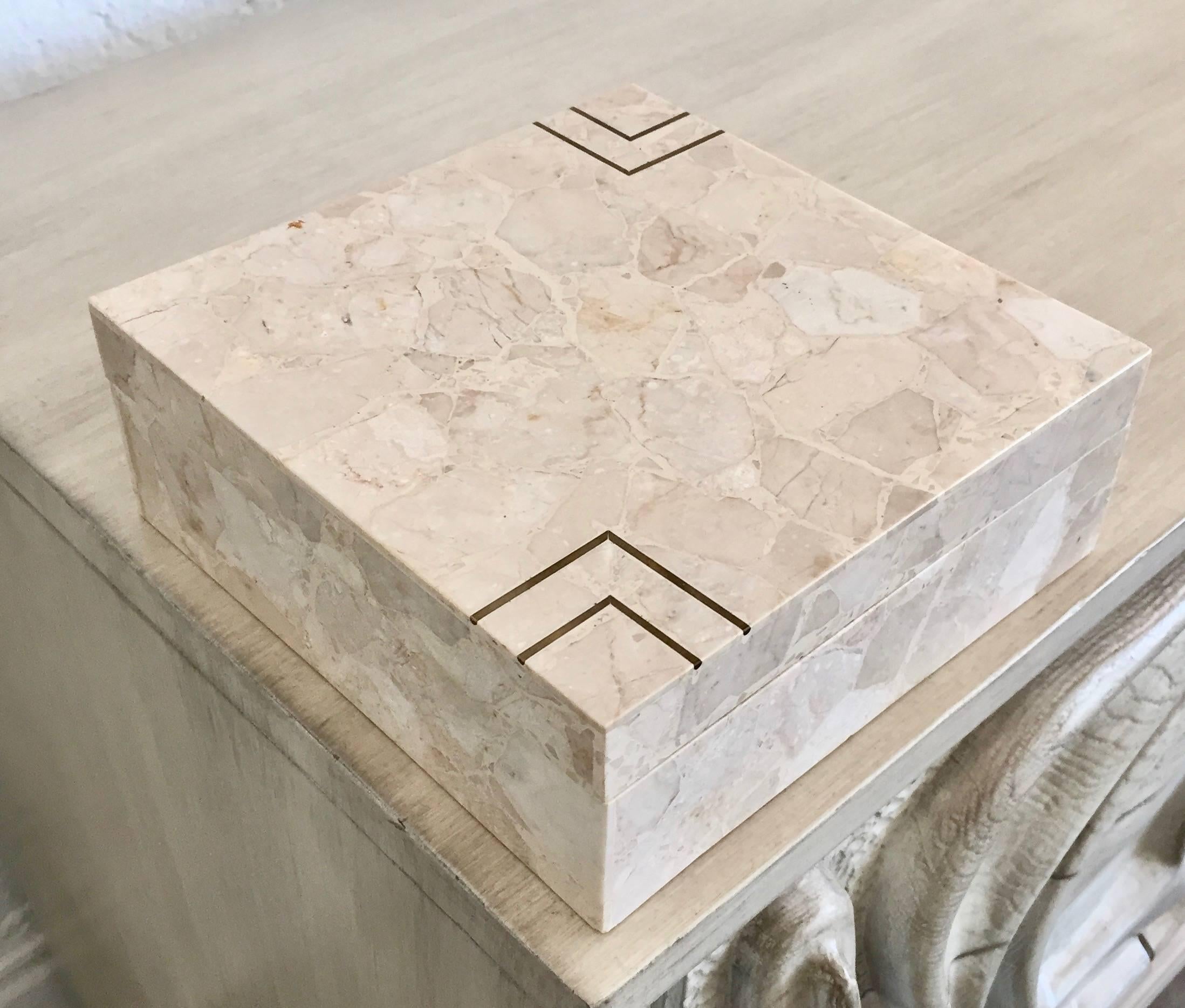 Mid-Century Modern Maitland Smith Style Stone Terrazzo Marble and Brass Inlay Box