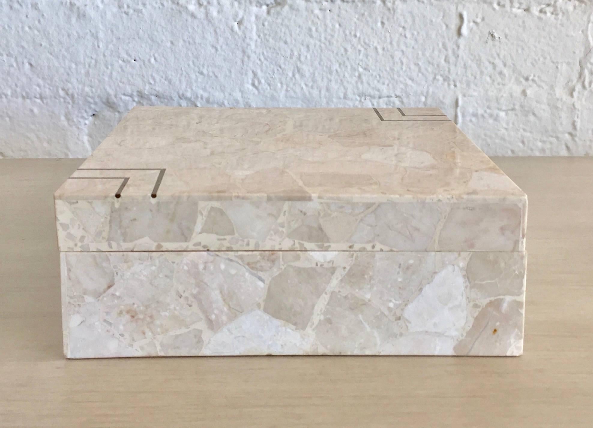 Maitland Smith Style Stone Terrazzo Marble and Brass Inlay Box In Good Condition In Palm Springs, CA