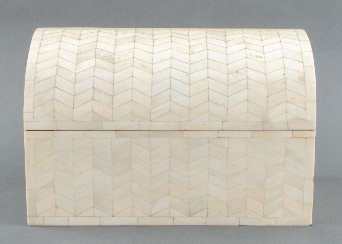 Maitland Smith style Modern bone tessellated large casket box case with wood paneled interior. 10