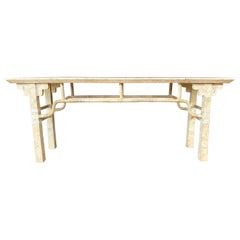 Maitland-Smith-Style Tessellated Fossil Stone and Rattan Console Table, 1980s