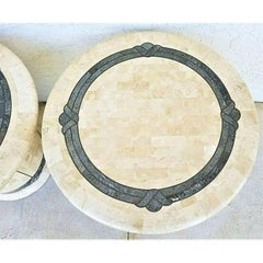 Maitland Smith Style Tessellated Fossil Stone Inlaid Brass End Side Tables