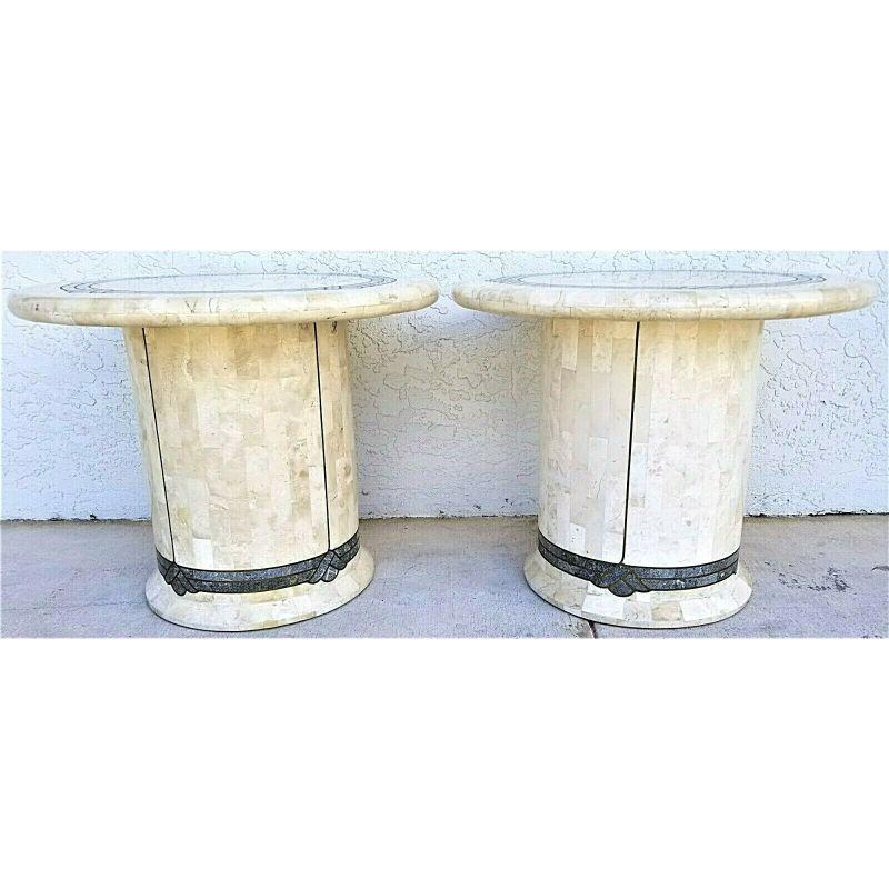 Maitland Smith Style Tessellated Fossil Stone Inlaid Brass End Side Tables In Good Condition In Lake Worth, FL