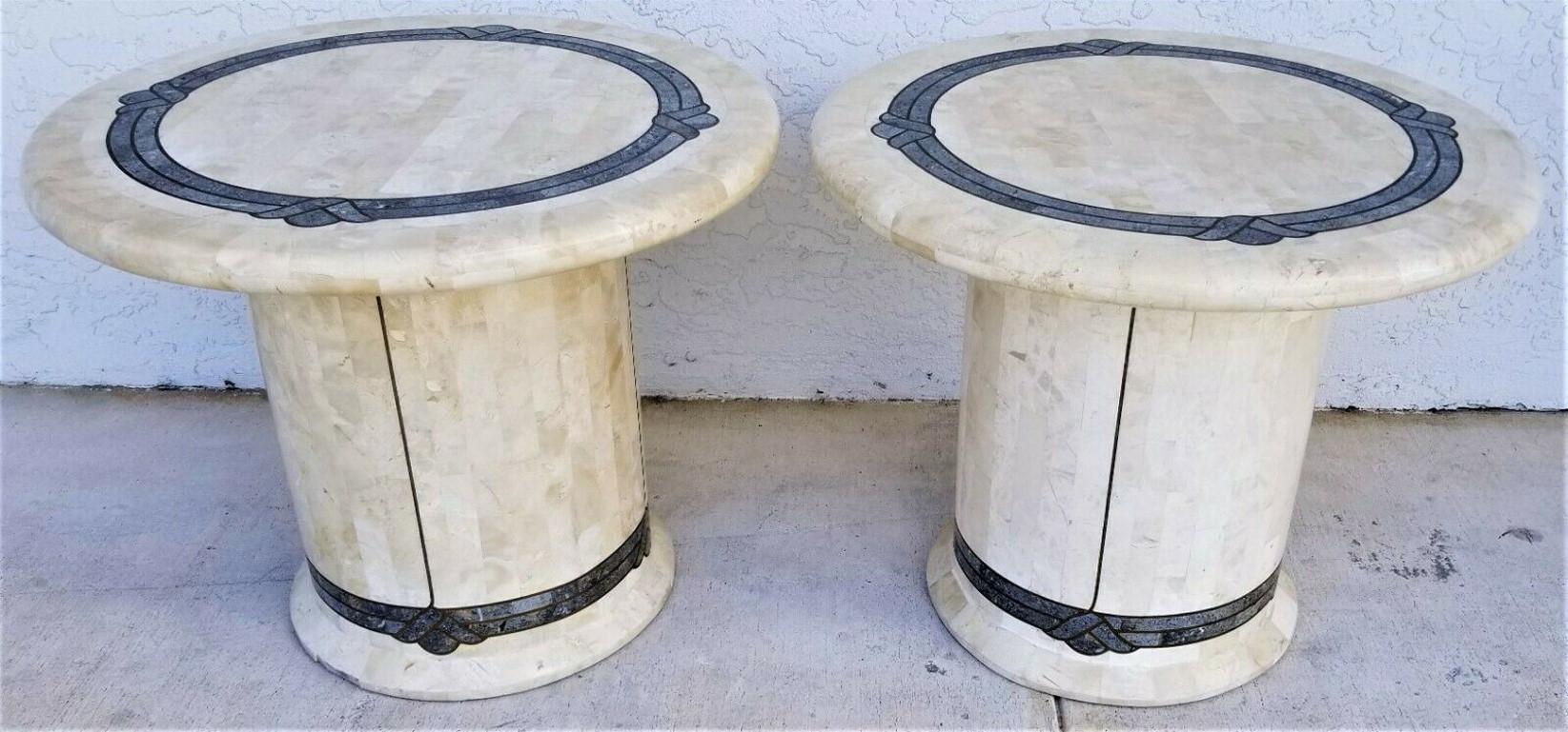Maitland Smith Style Tessellated Fossil Stone Inlaid Brass End Side Tables 2