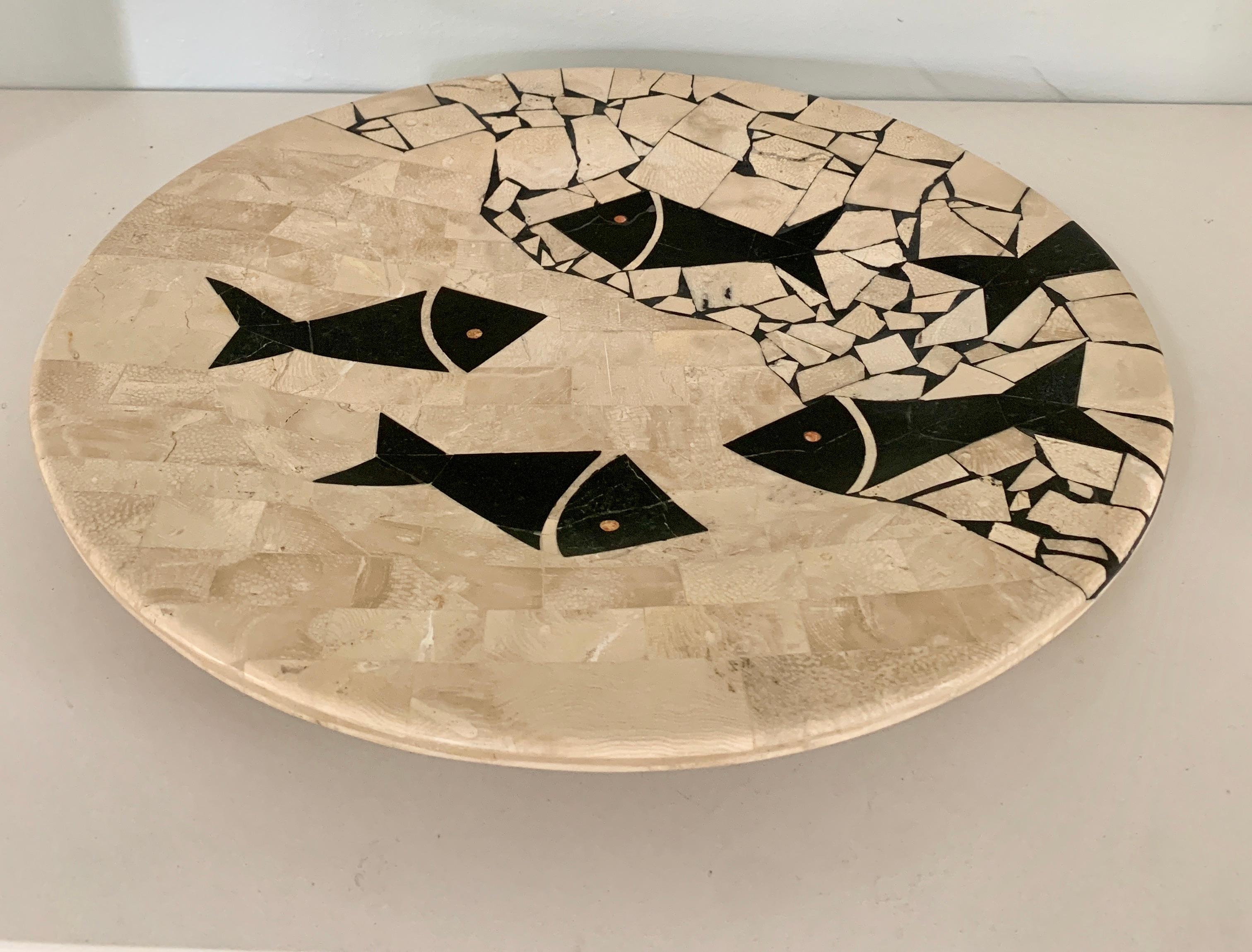 Mid-Century Modern Tessellated Stone Bowl with Fish in the Style of Maitland Smith  For Sale