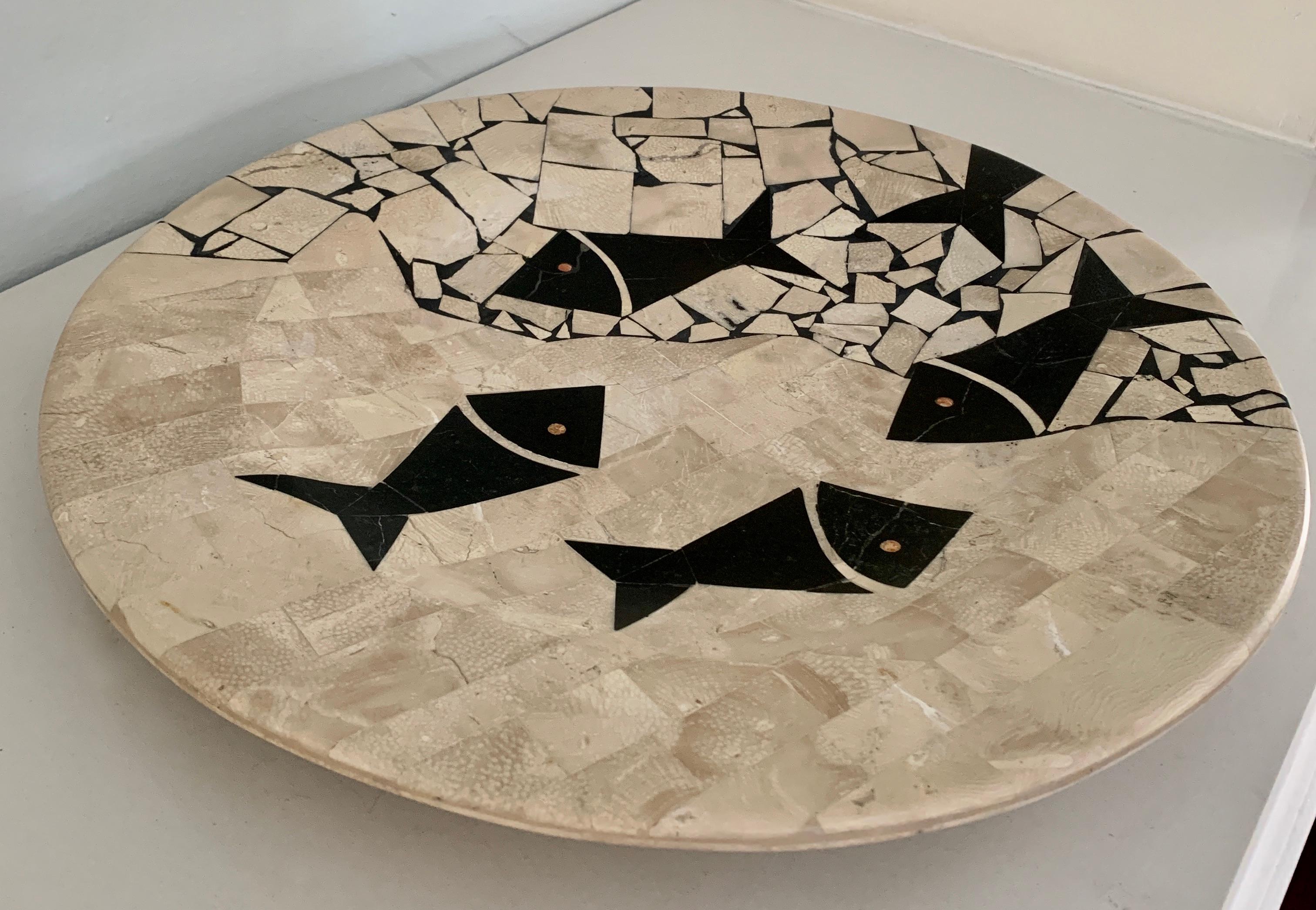 Hand-Crafted Tessellated Stone Bowl with Fish in the Style of Maitland Smith  For Sale