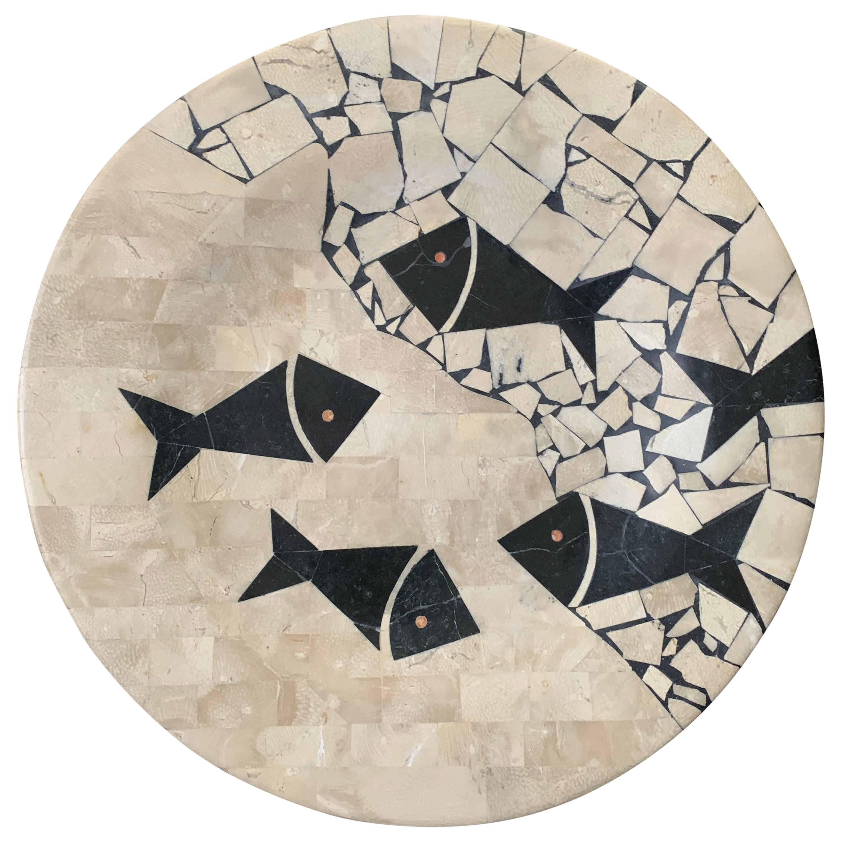 Tessellated Stone Bowl with Fish in the Style of Maitland Smith  For Sale