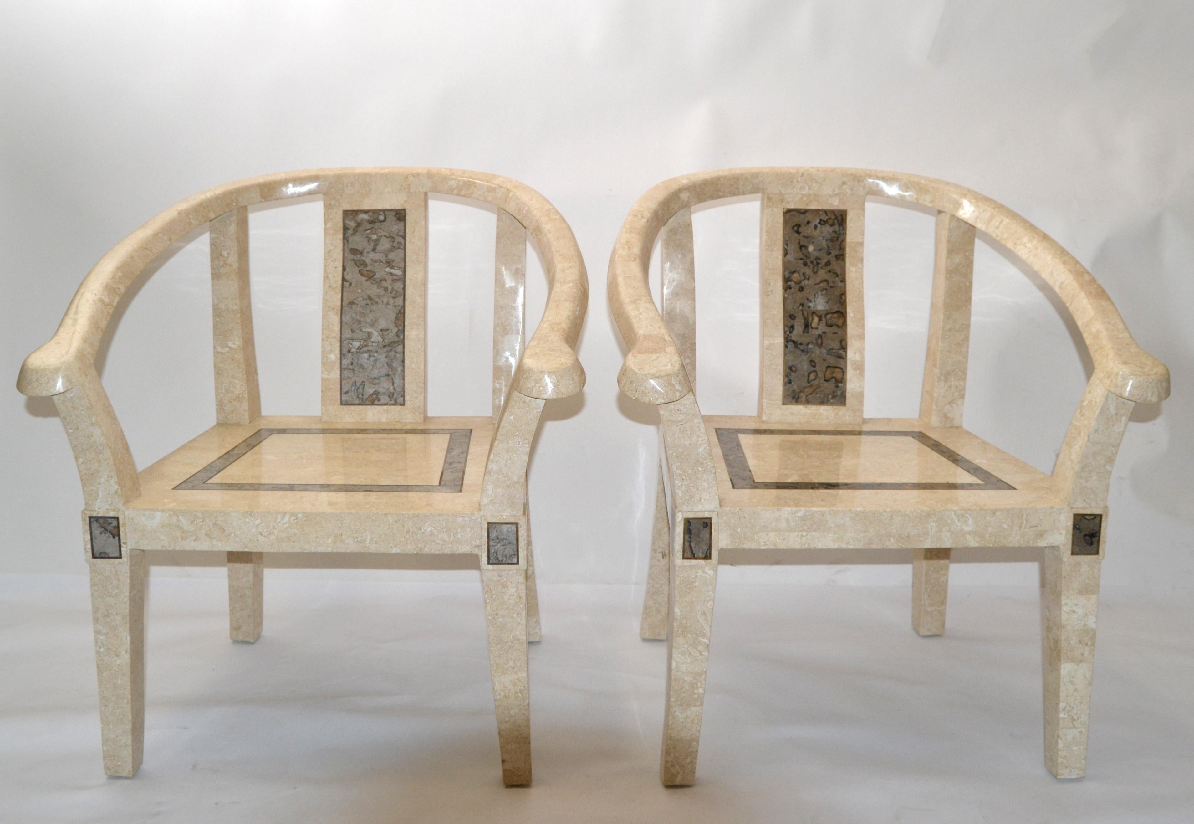 Maitland Smith Style Tessellated Stone over Wood Pair Armchairs Asian Modern 70s For Sale 7