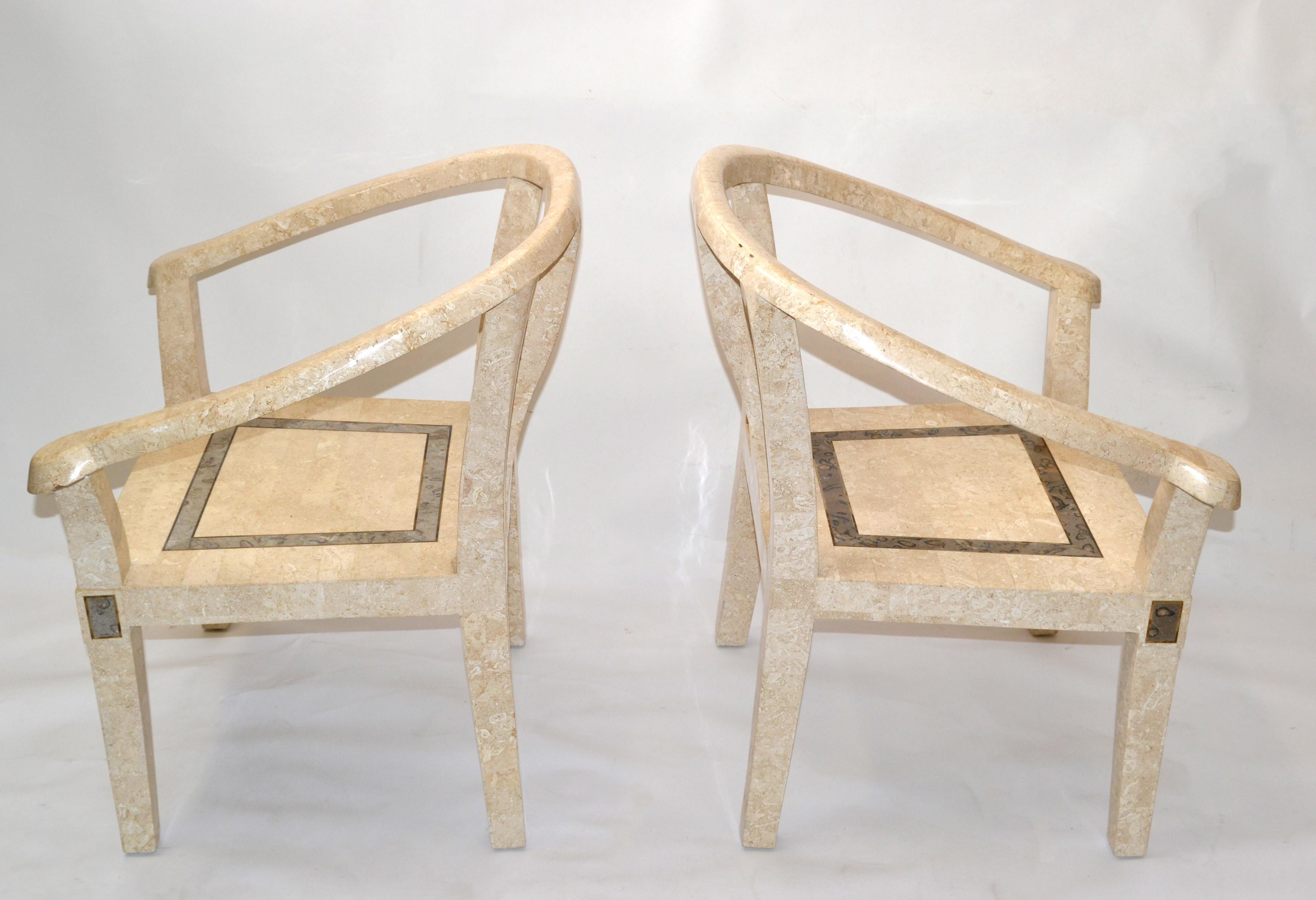 Pair of Maitland Smith Style Asian Modern tessellated stone over wood Armchairs, Side Chairs. 
A gray and taupe tessellated stone over wood covered chair with bronze color pattern and brass inlays.
They come with custom seat cushions.
Arm Height: