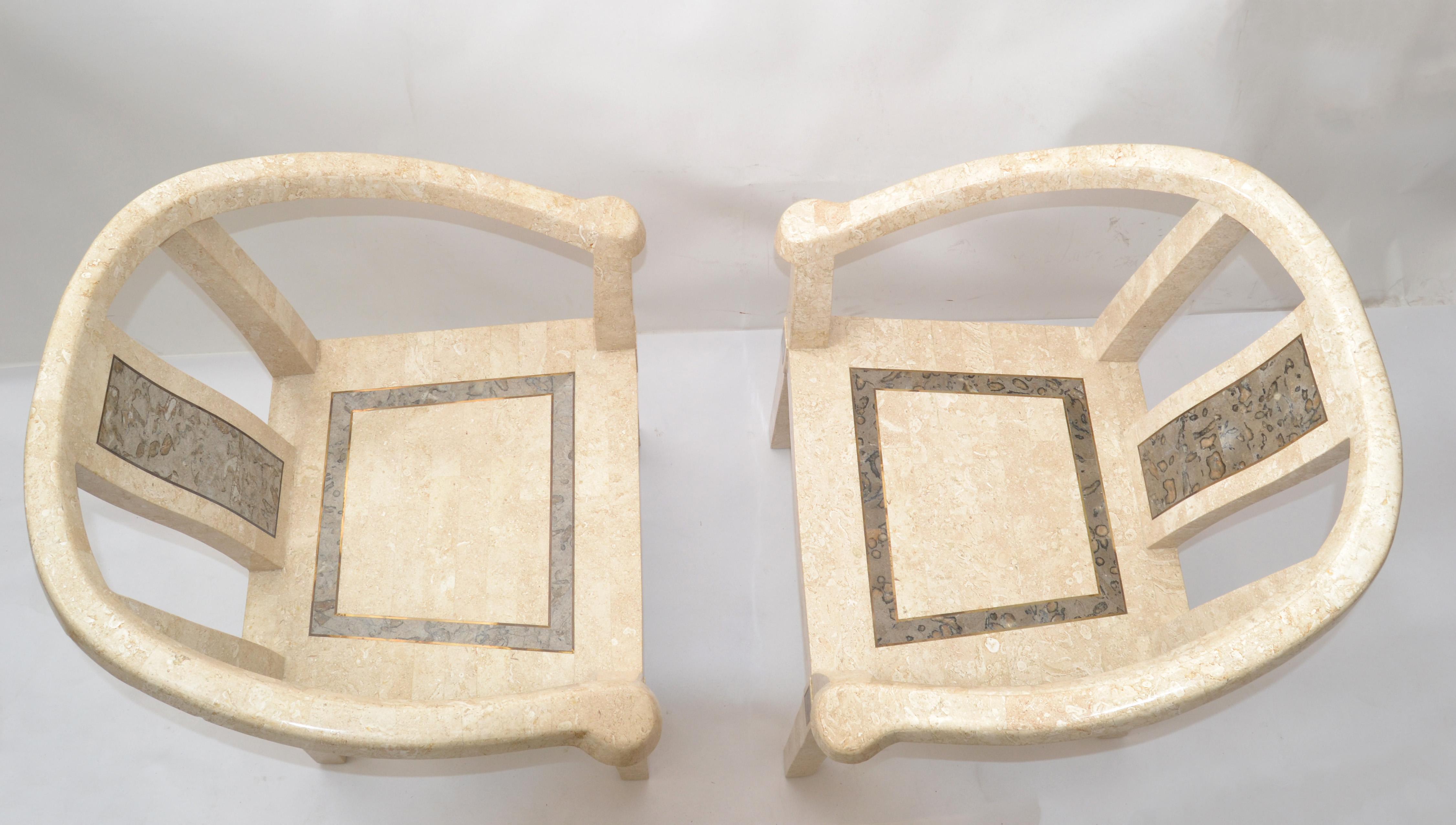 Maitland Smith Style Tessellated Stone over Wood Pair Armchairs Asian Modern 70s In Good Condition For Sale In Miami, FL