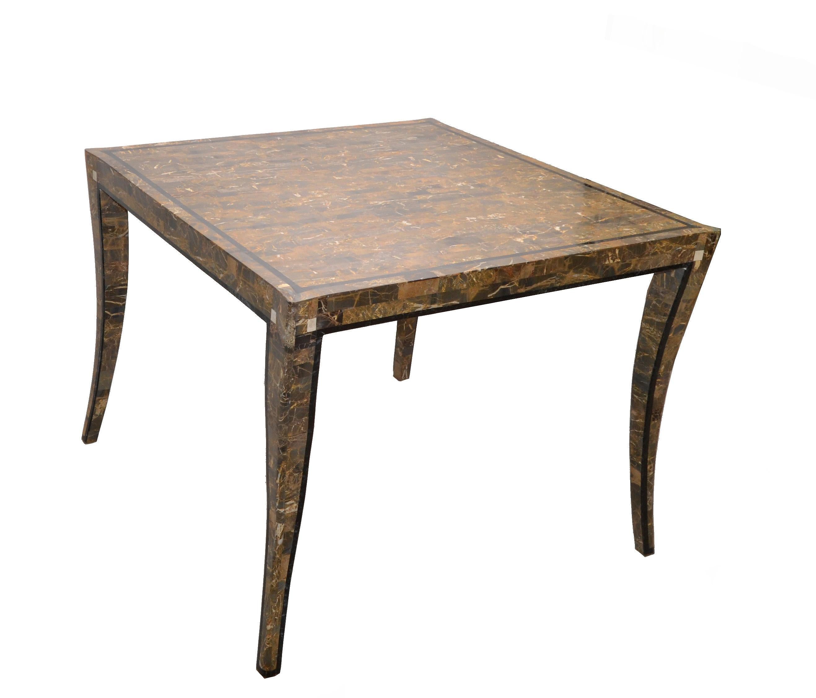 Neoclassical Maitland Smith Style Tessellated Stone over Wood Square Game Table Curved Legs