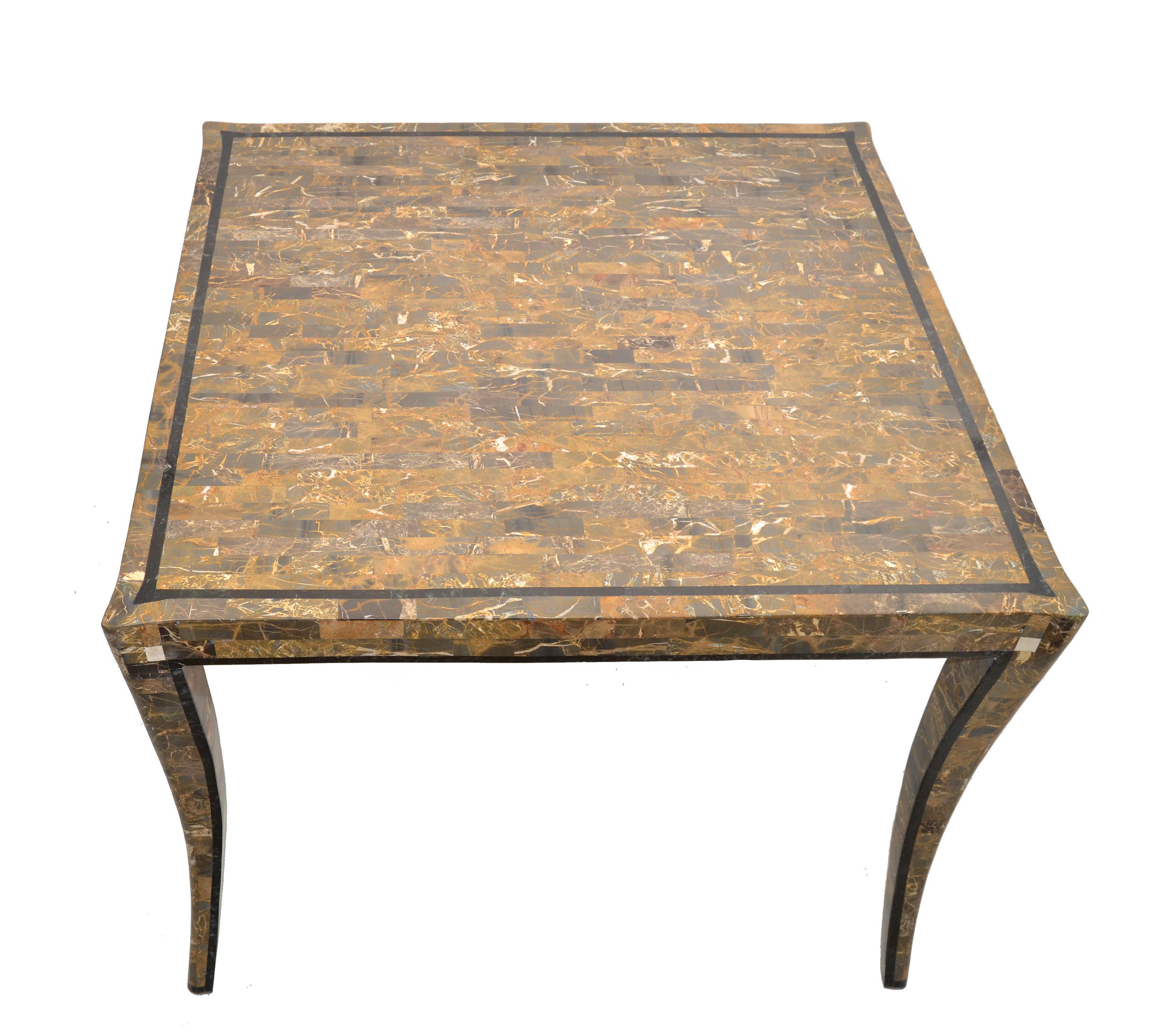 Philippine Maitland Smith Style Tessellated Stone over Wood Square Game Table Curved Legs