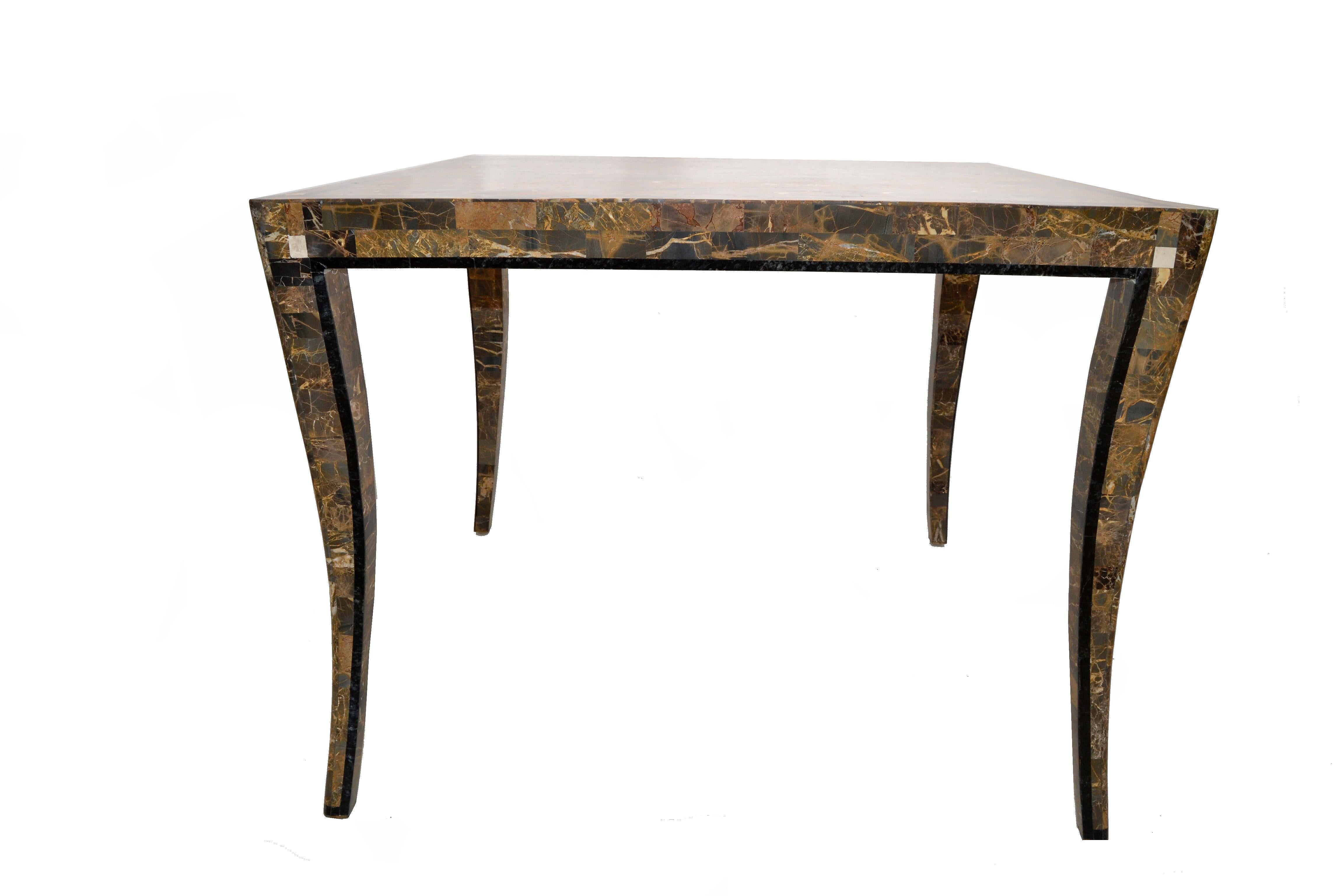 Maitland Smith Style Tessellated Stone over Wood Square Game Table Curved Legs In Good Condition In Miami, FL