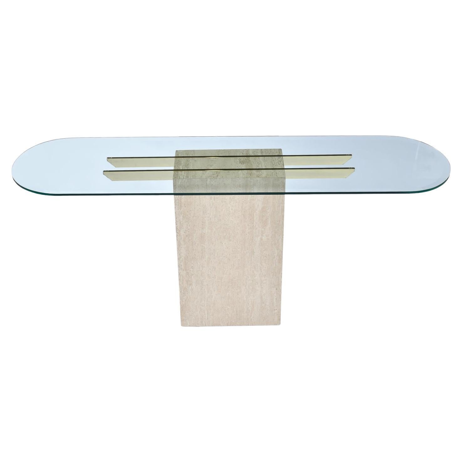 Maitland Smith Style Travertine Console Table with Brass Inlay, 1970s For Sale