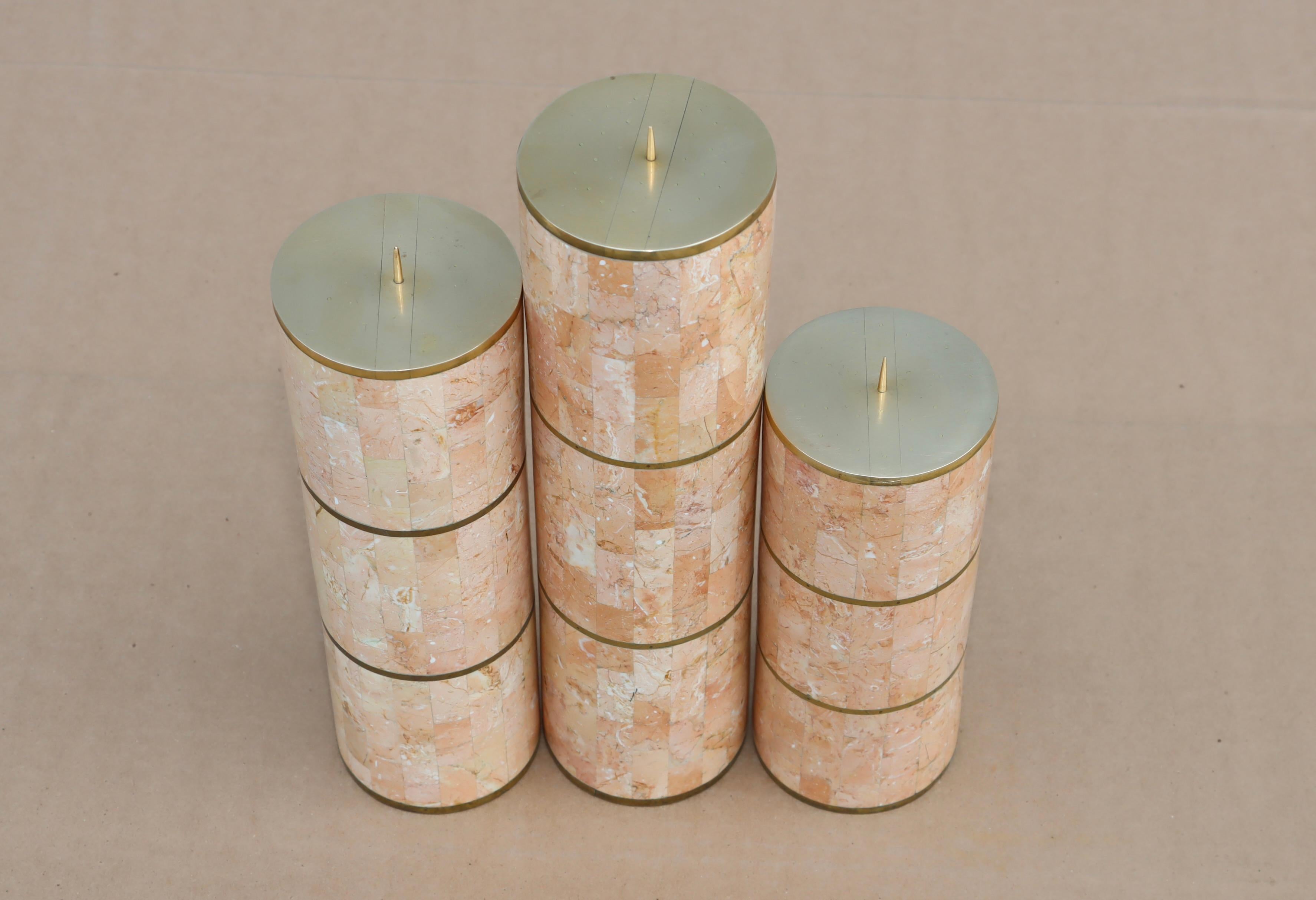 Maitland Smith Tesselated Stone And Brass Candle Holders 1980's Design For Sale 5