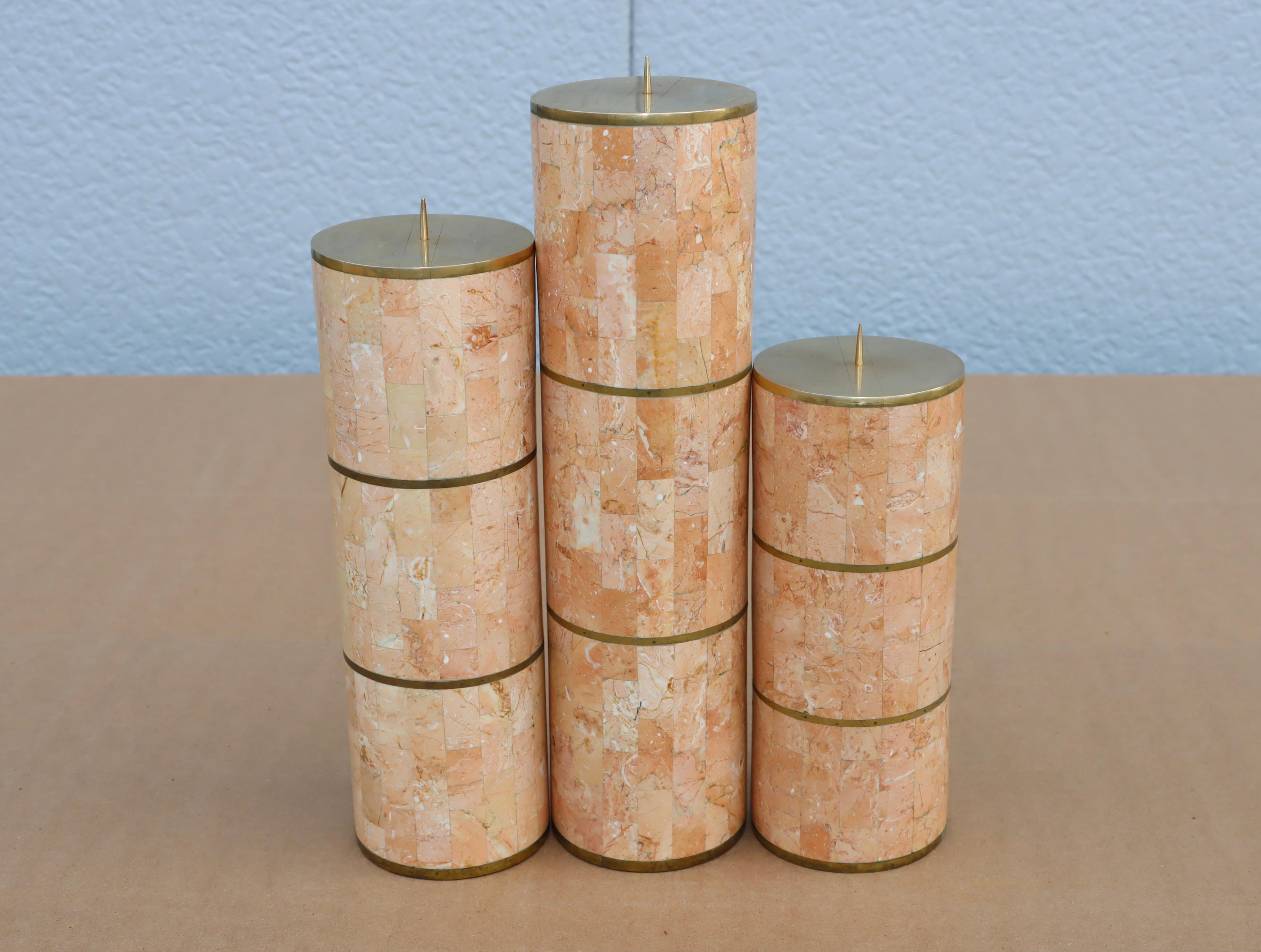 Maitland Smith Tesselated Stone And Brass Candle Holders 1980's Design For Sale 6