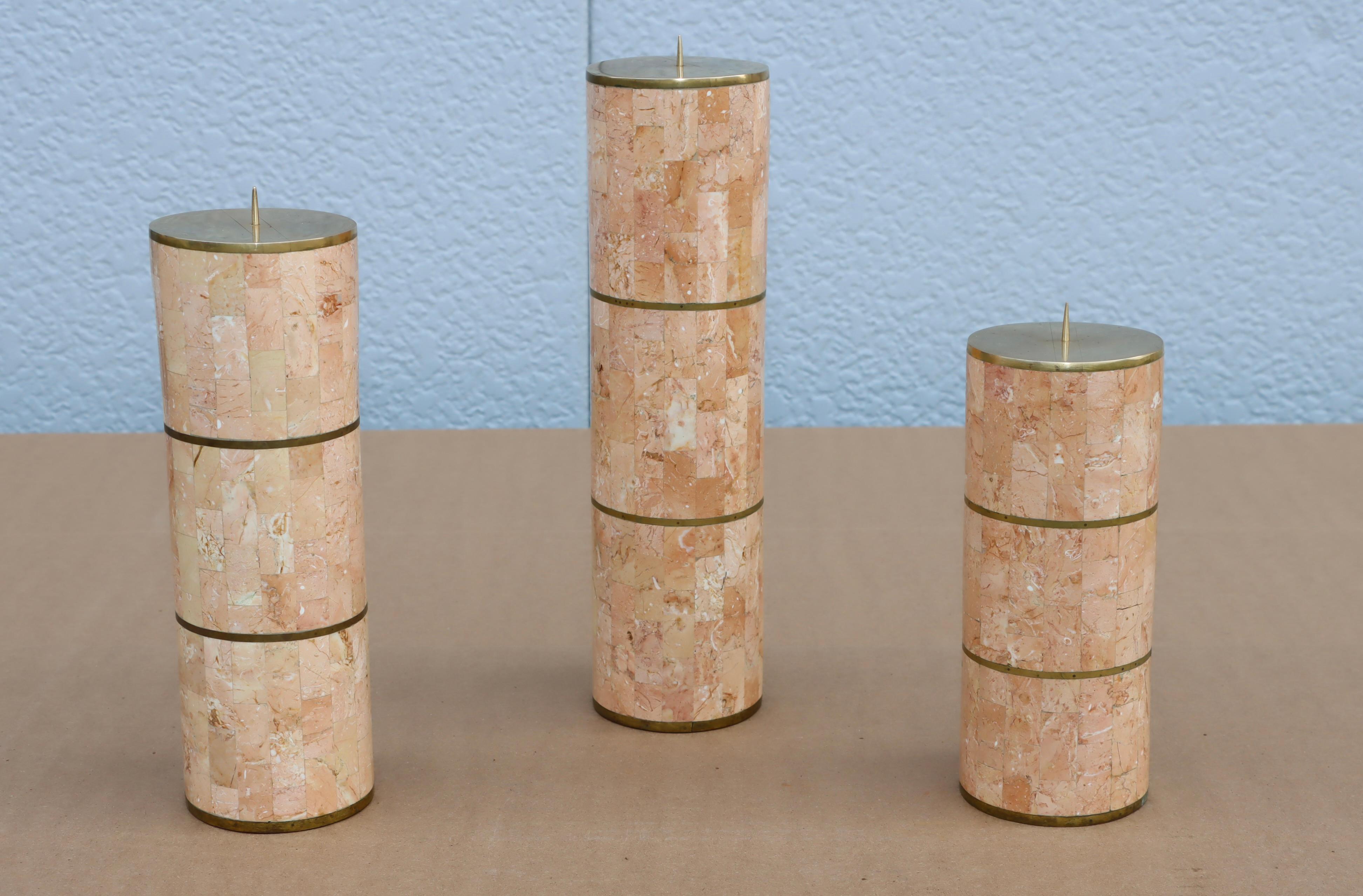 Mid-Century Modern Maitland Smith Tesselated Stone And Brass Candle Holders 1980's Design For Sale