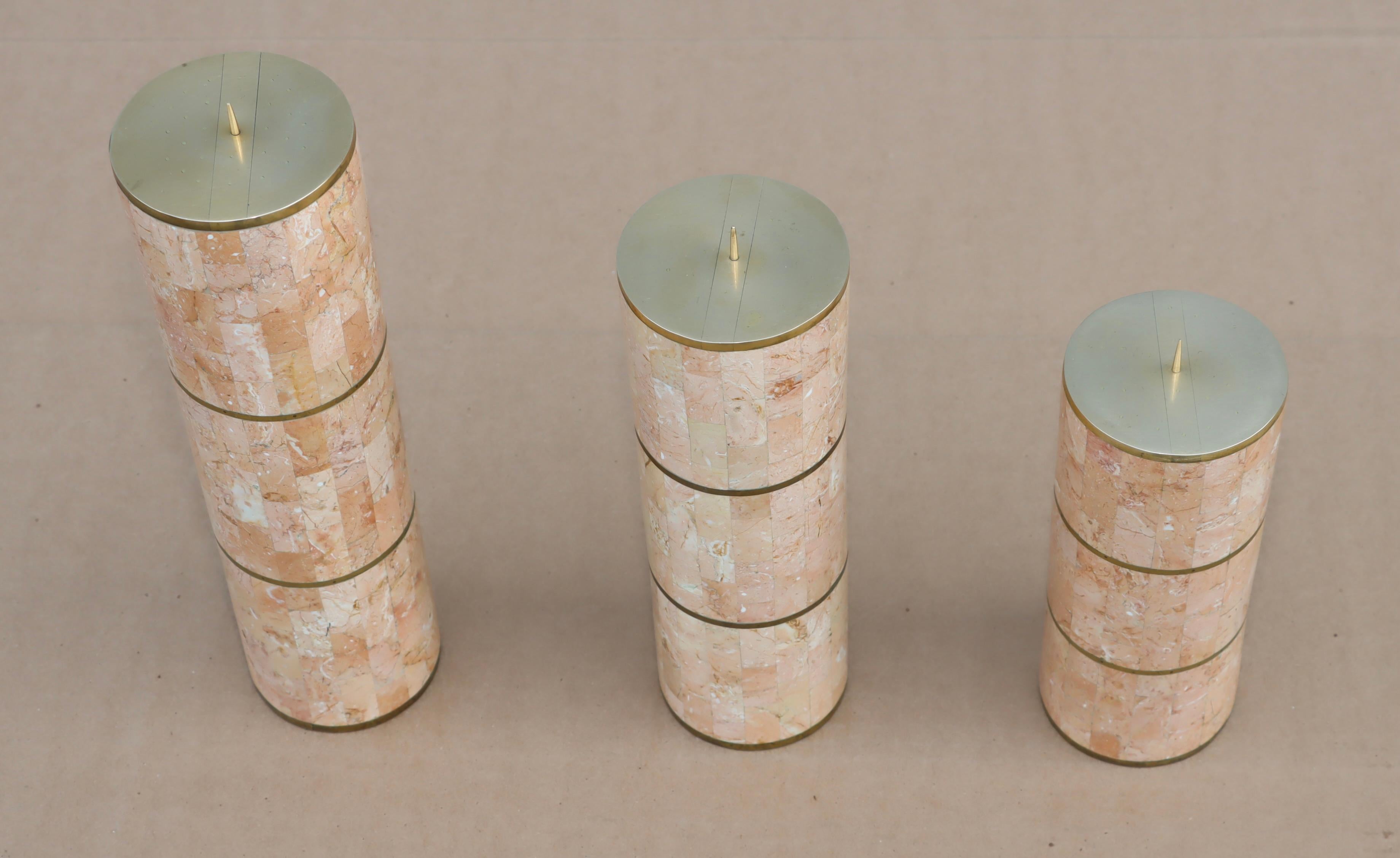 Maitland Smith Tesselated Stone And Brass Candle Holders 1980's Design In Good Condition For Sale In New York, NY