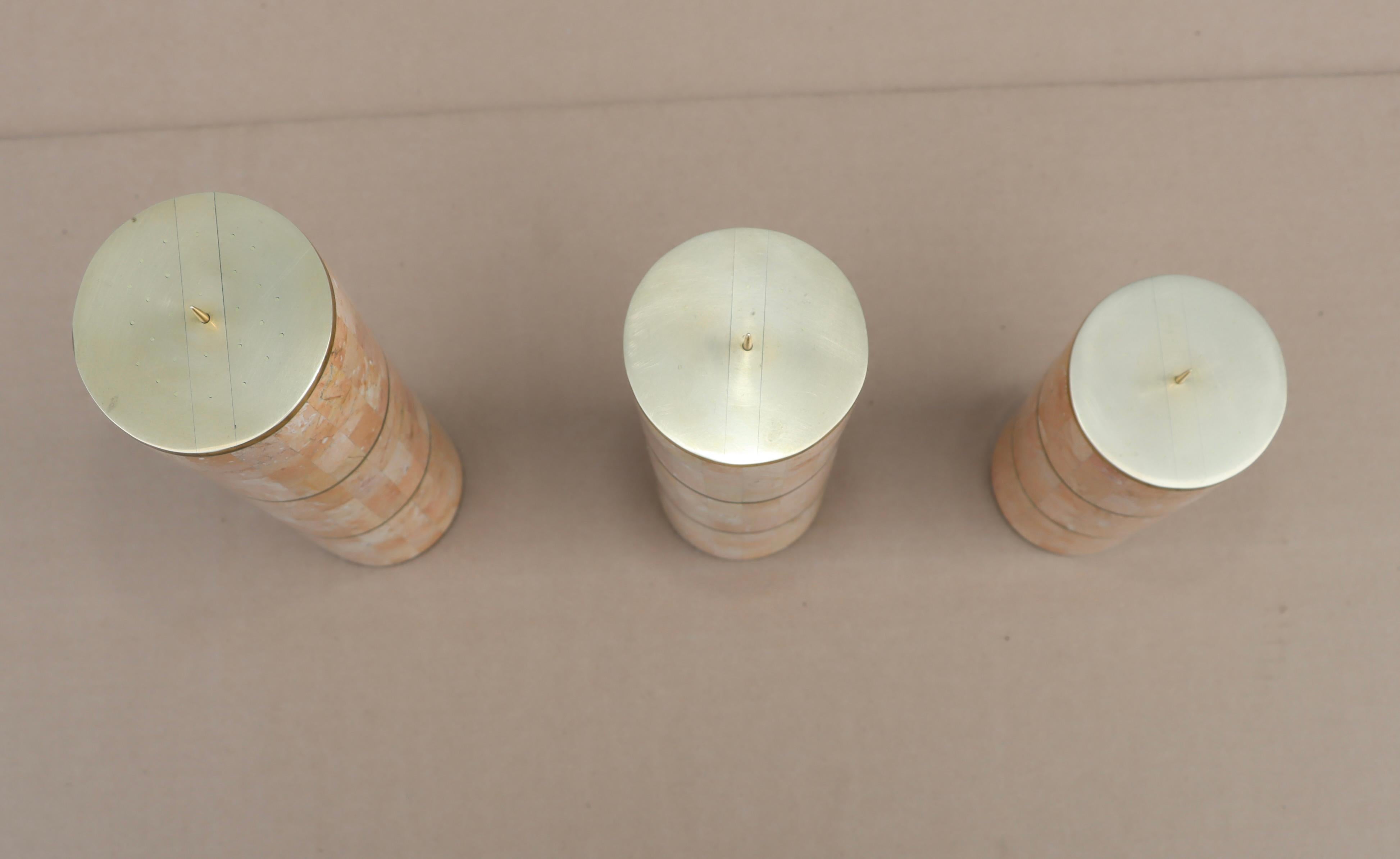 Late 20th Century Maitland Smith Tesselated Stone And Brass Candle Holders 1980's Design For Sale