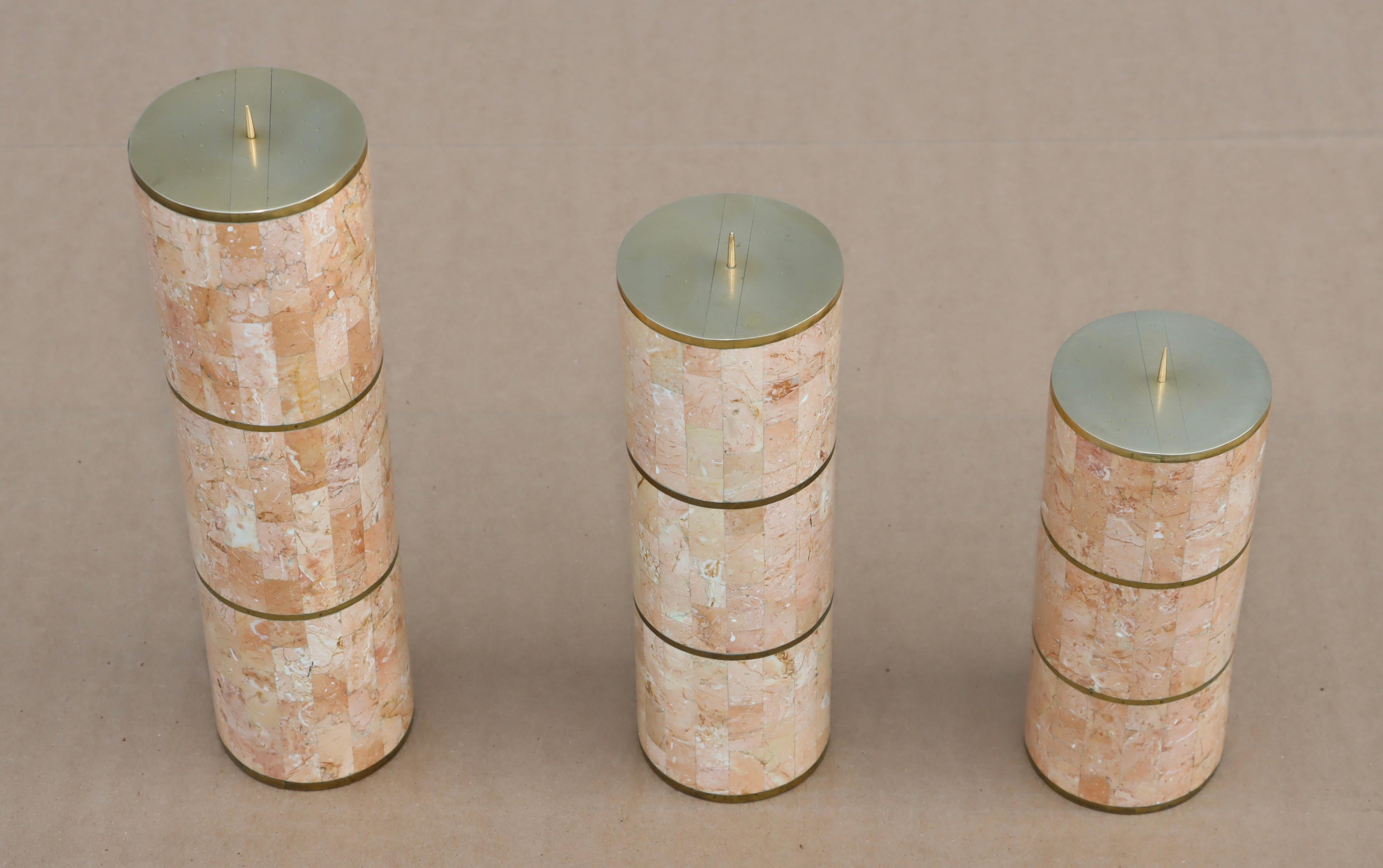 Maitland Smith Tesselated Stone And Brass Candle Holders 1980's Design For Sale 1