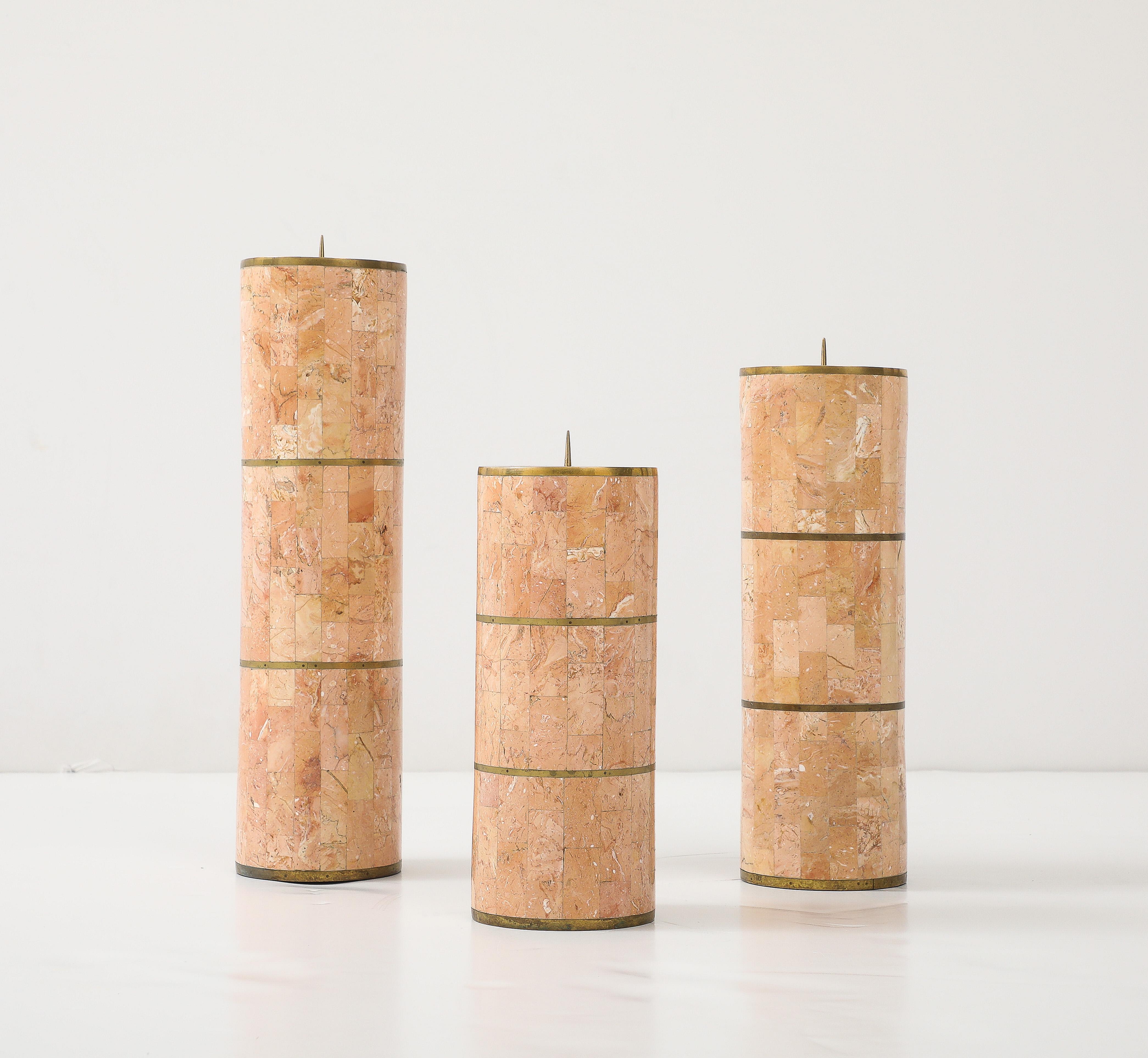 Maitland Smith Kerzenhalter aus Mosaikstein und Messing, 1980er Jahre, Design im Angebot 2