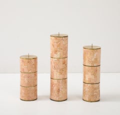 Maitland Smith Tesselated Stone And Brass Candle Holders 1980's Design
