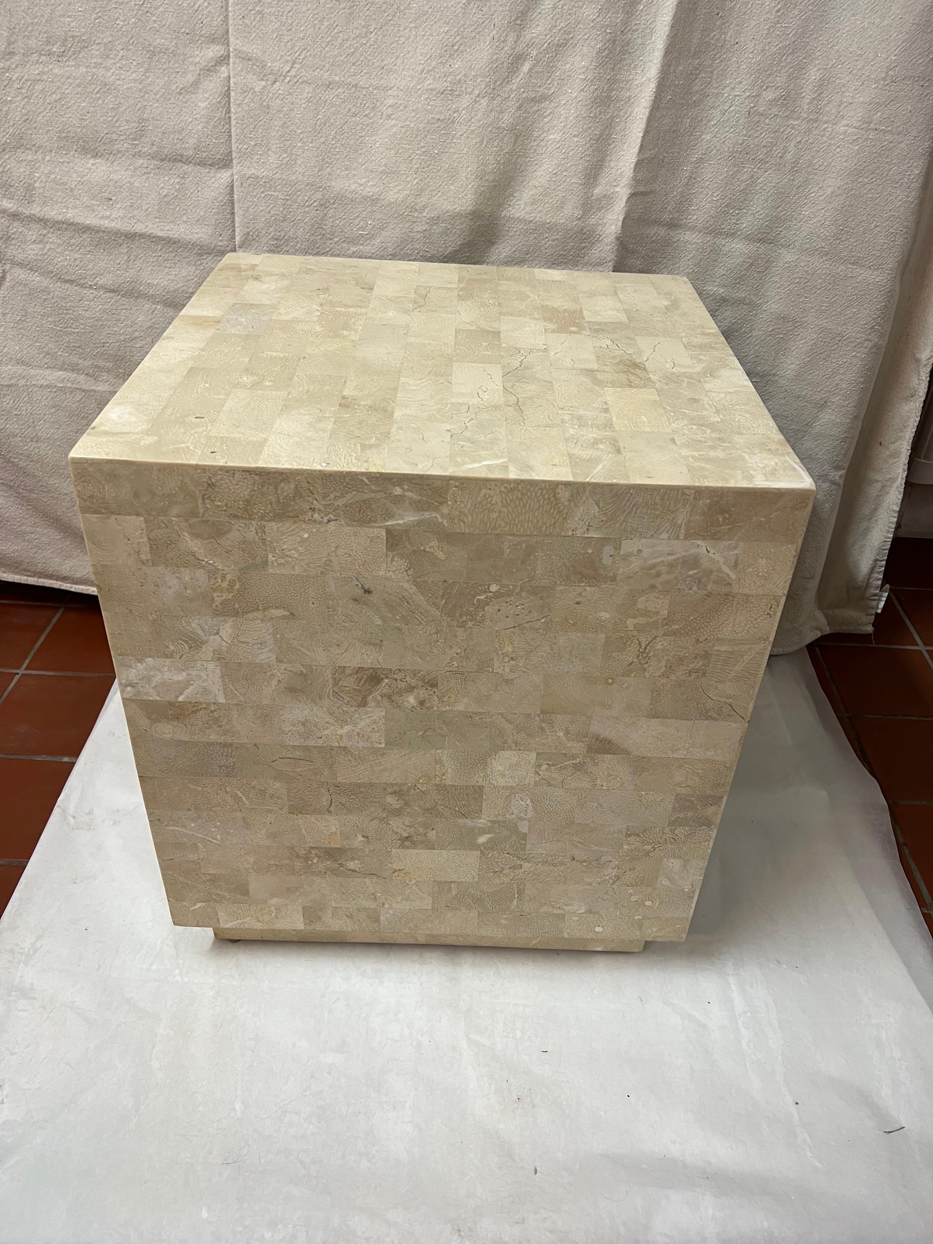Maitland Smith Tesselated Stone Cube Table. Nice neutral earth tone cream color on this piece. Use as a side table or as a pedestal for a sculpture..