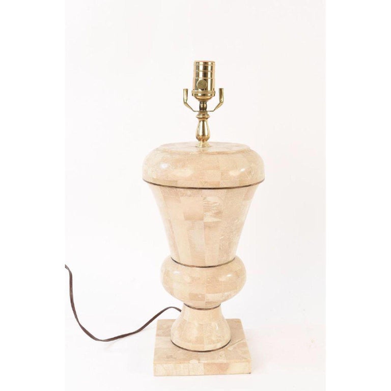 Maitland Smith Tesselated stone table lamp, brass accent, square base.