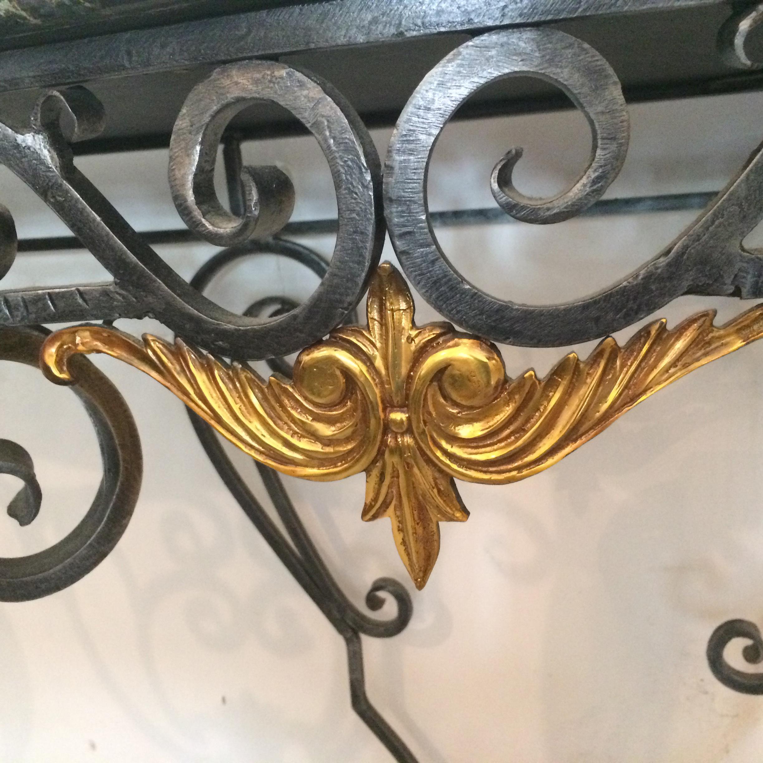 Maitland Smith Tessellated Black Marble Brass and Wrought Iron Console Table In Good Condition In West Palm Beach, FL