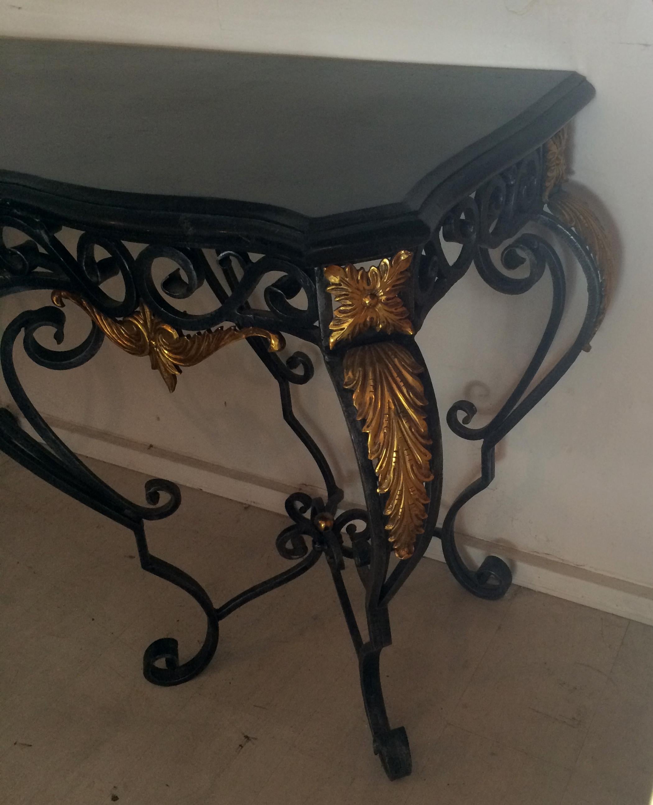 20th Century Maitland Smith Tessellated Black Marble Brass and Wrought Iron Console Table
