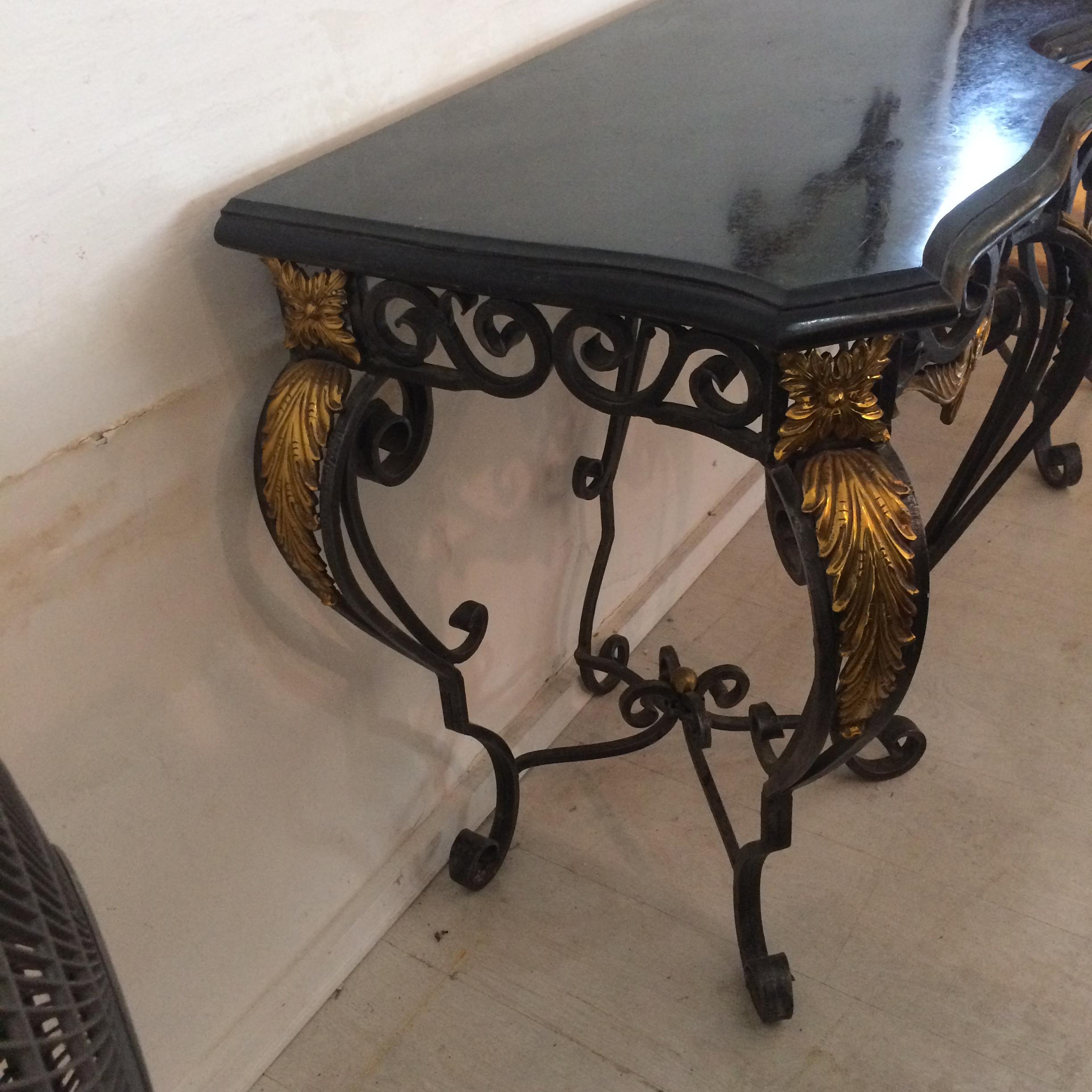 Maitland Smith Tessellated Black Marble Brass and Wrought Iron Console Table 1