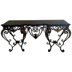 Maitland Smith Tessellated Black Marble Brass and Wrought Iron Console Table