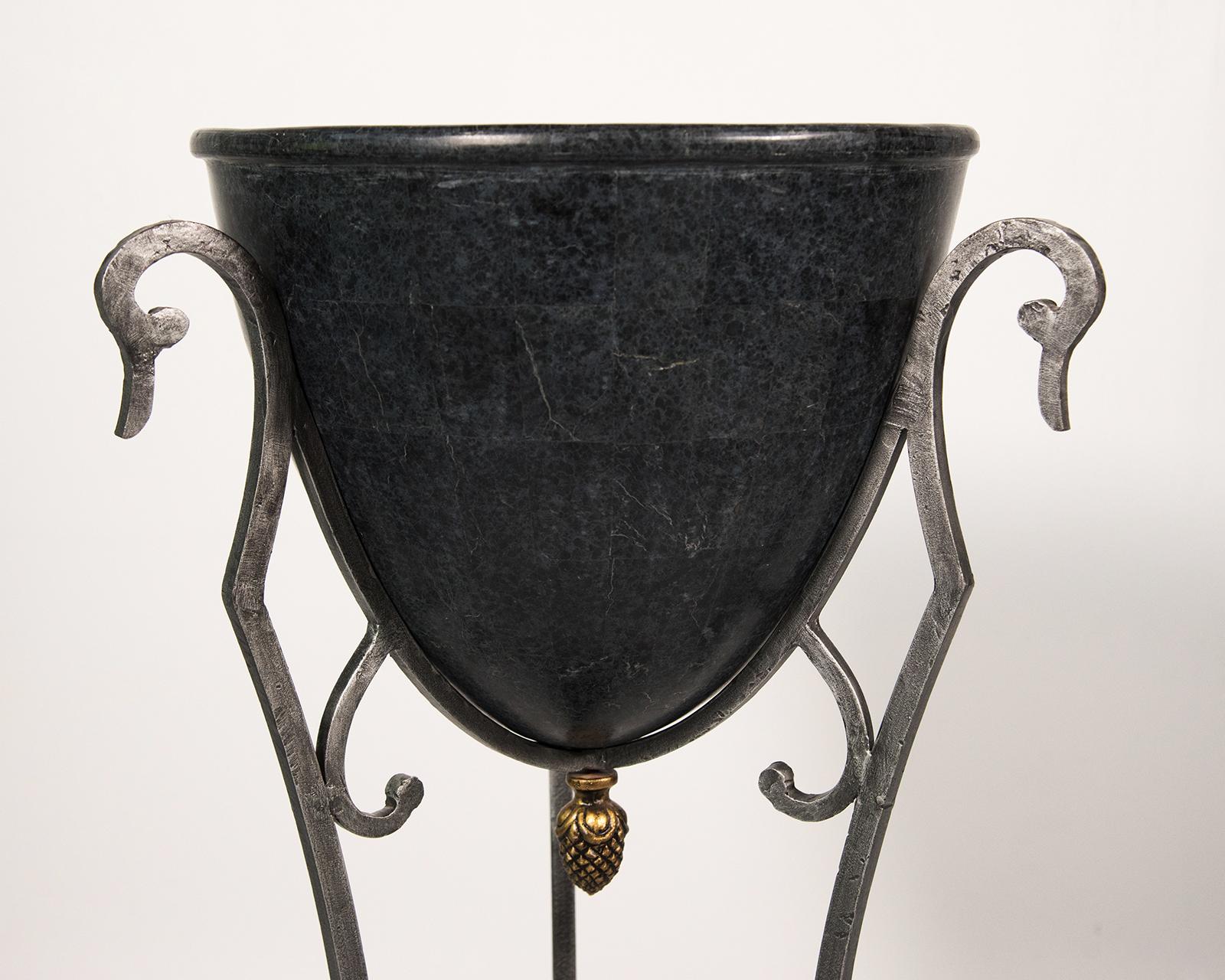 Maitland Smith tessellated composition plant stand the metal legs with a removable tessellated stone and composition planter and matching attached stone base.