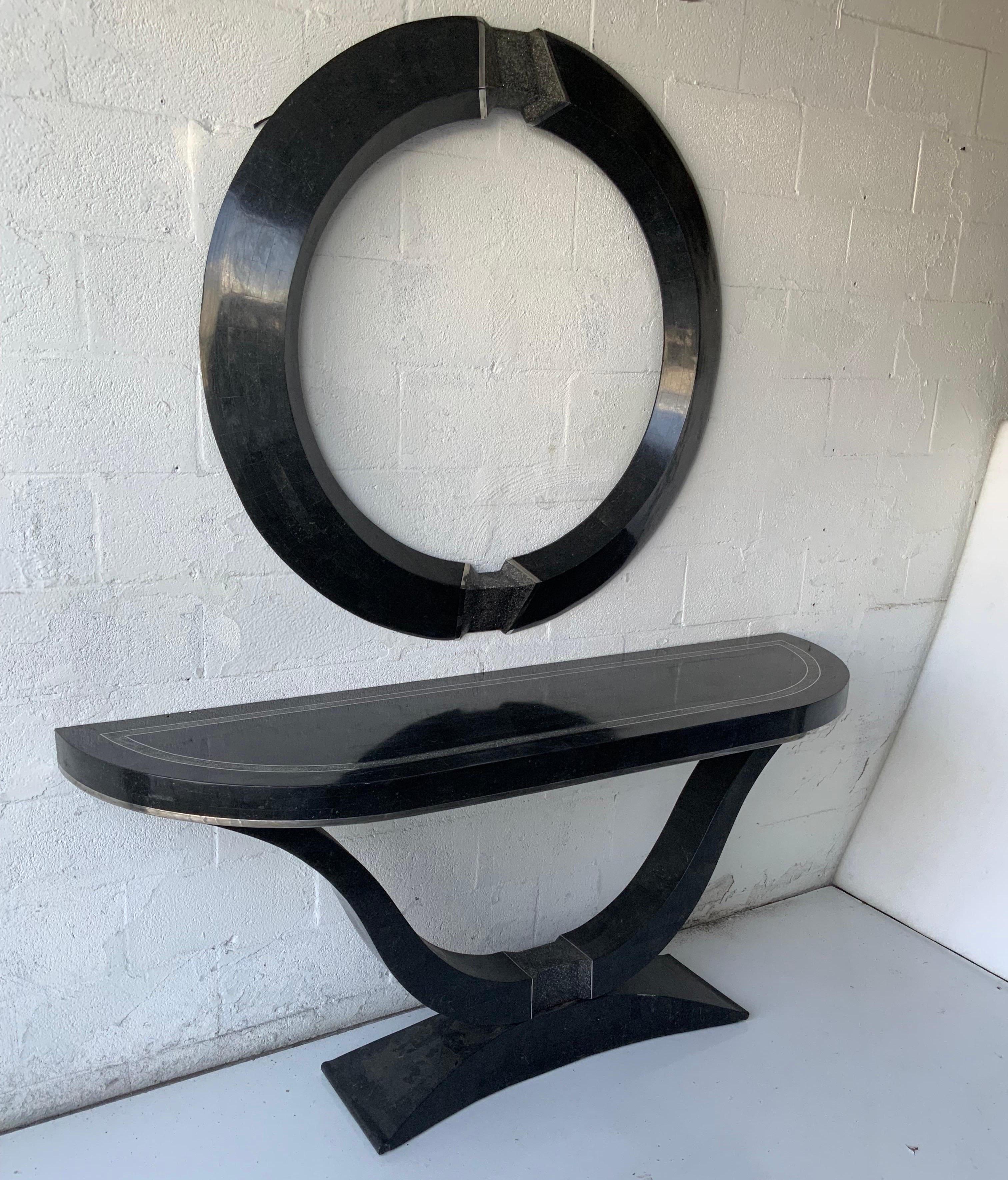 Maitland Smith Tessellated Console and Round Mirror 4