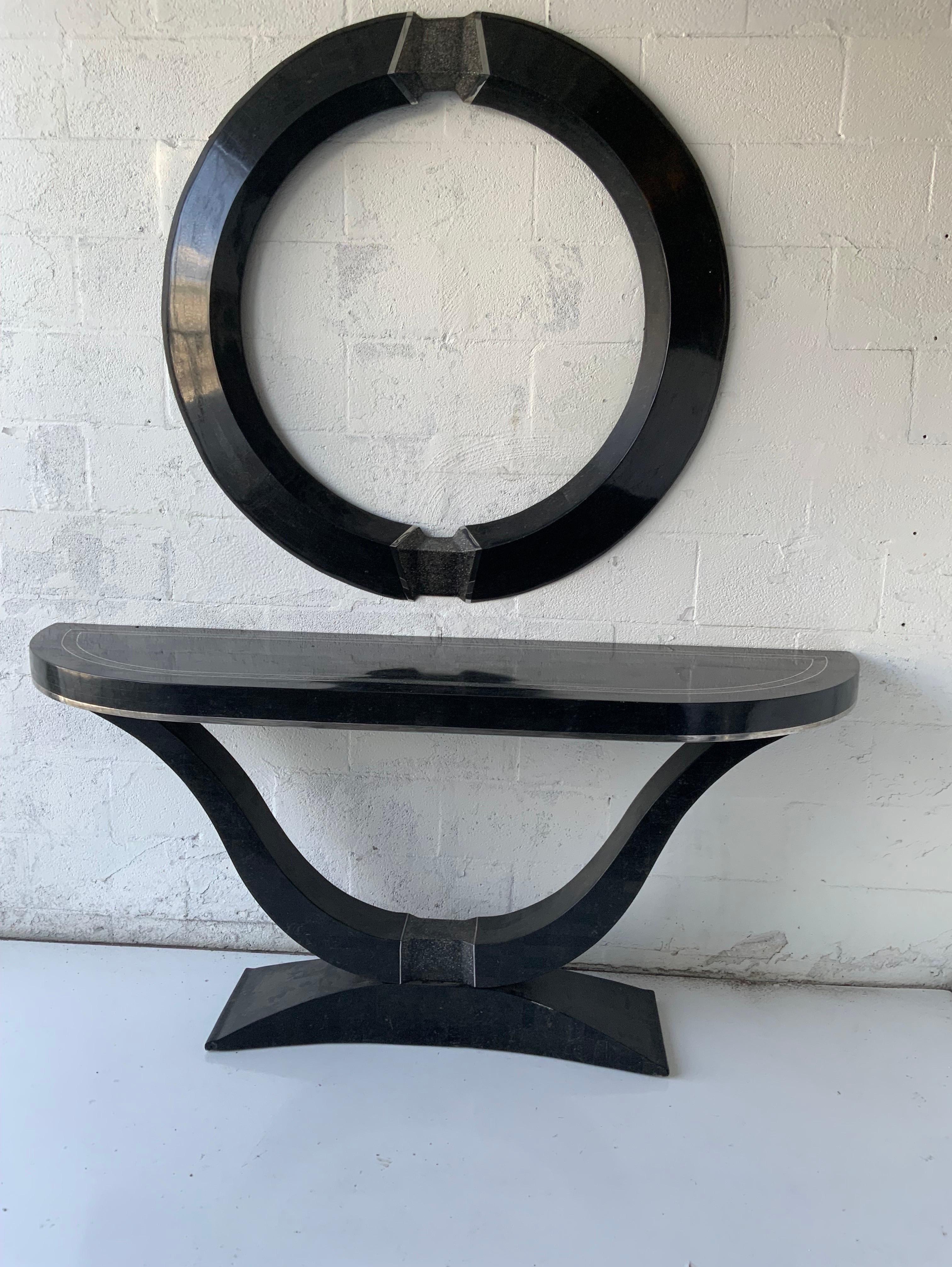 Art Deco Maitland Smith Tessellated Console and Round Mirror