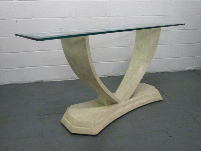 Maitland Smith tessellated console or hallway table with glass top.