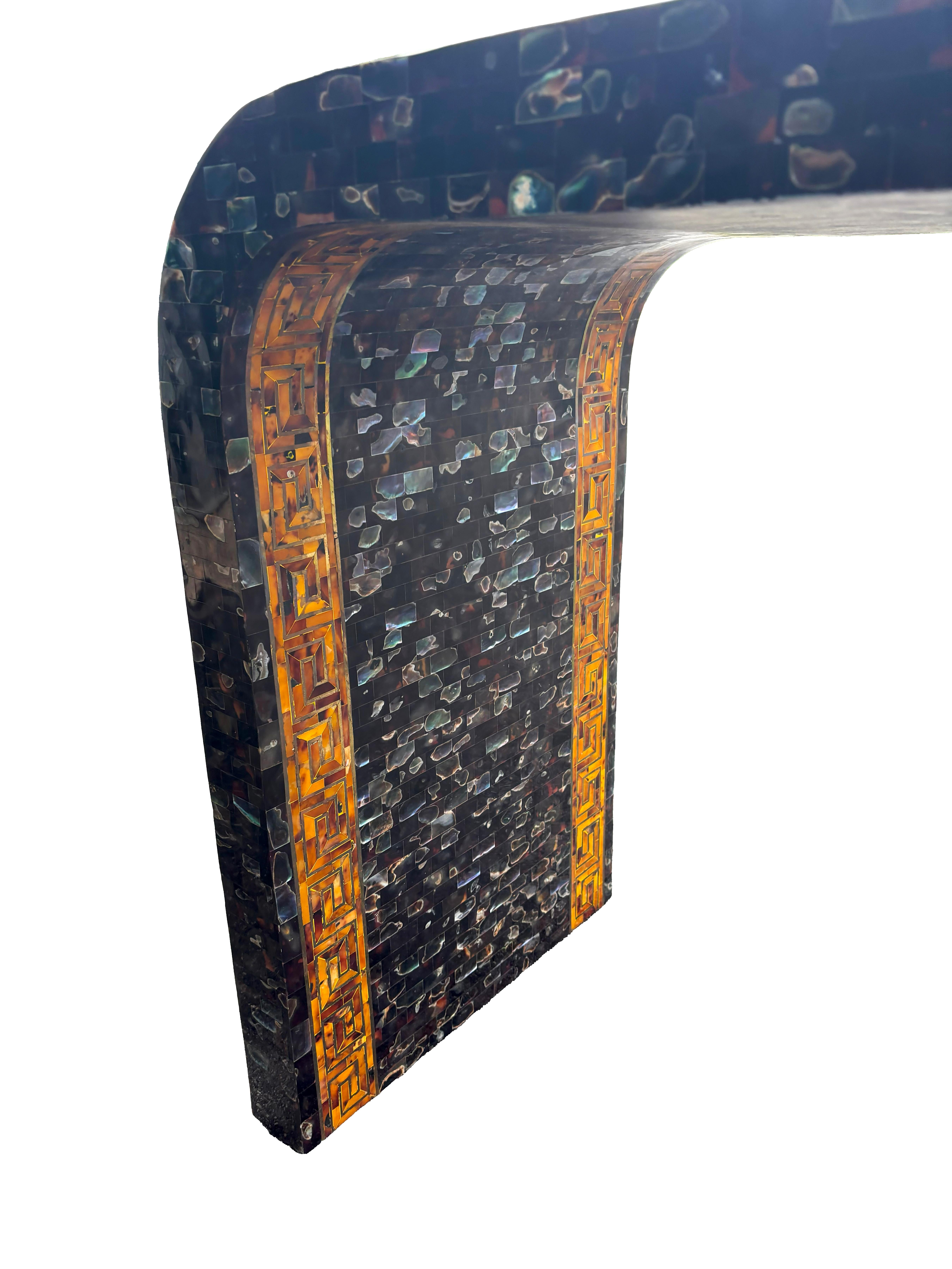 Maitland Smith Tessellated Faux Tortoise And Mother Of Pearl Console Table For Sale 5