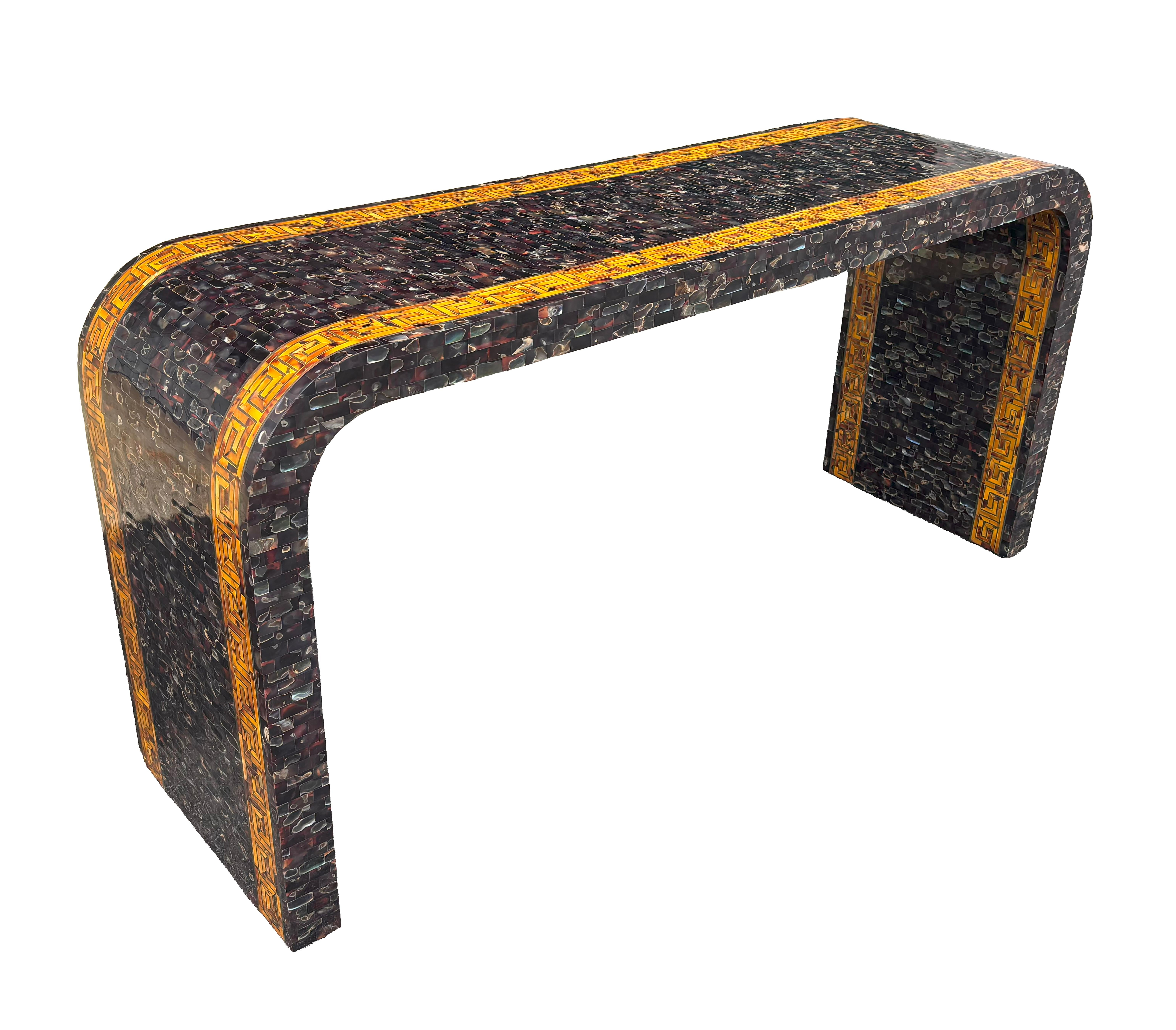 Brass Maitland Smith Tessellated Faux Tortoise And Mother Of Pearl Console Table For Sale
