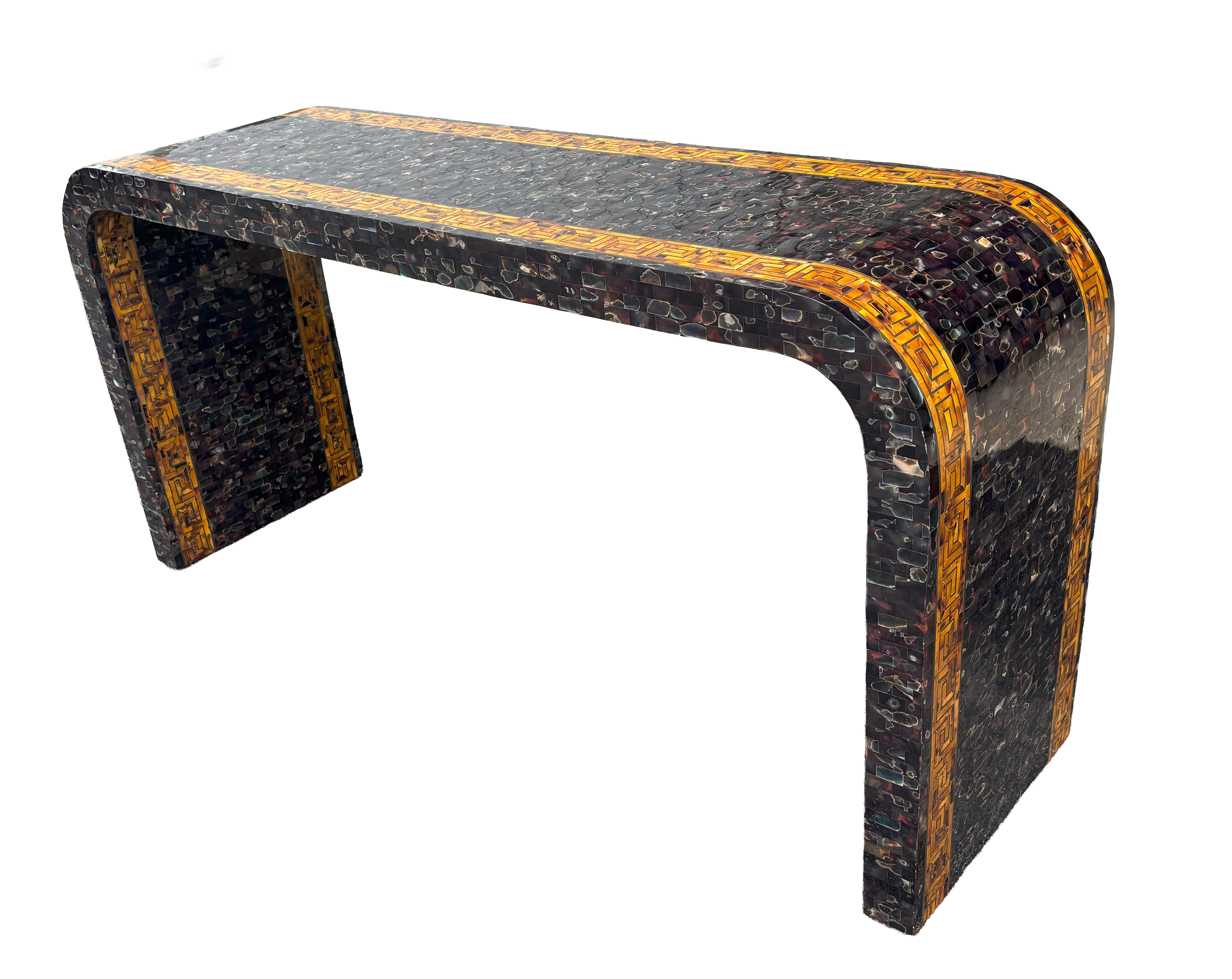 Brass Maitland Smith Tessellated Faux Tortoise And Mother Of Pearl Console Table For Sale