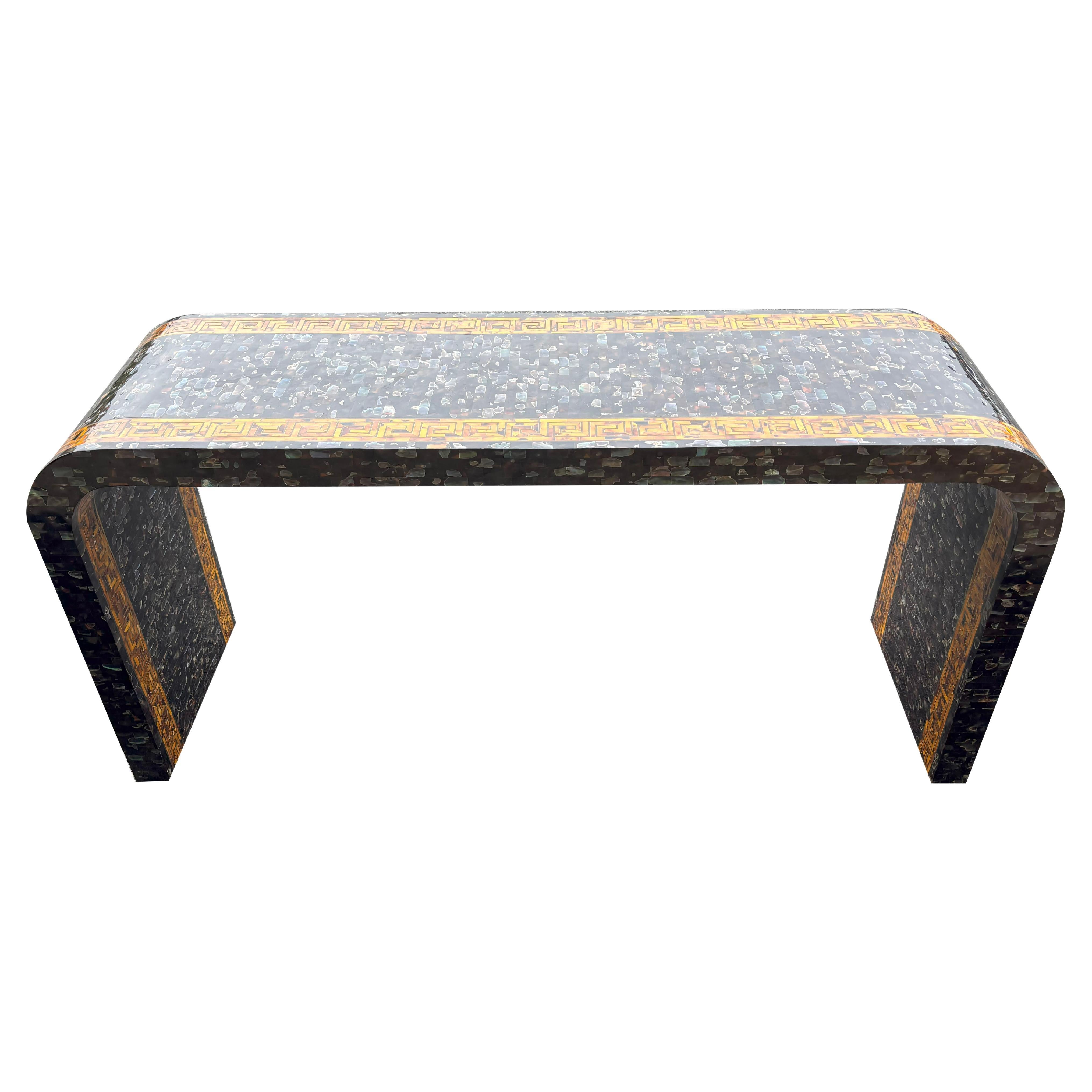 Maitland Smith Tessellated Faux Tortoise And Mother Of Pearl Console Table For Sale