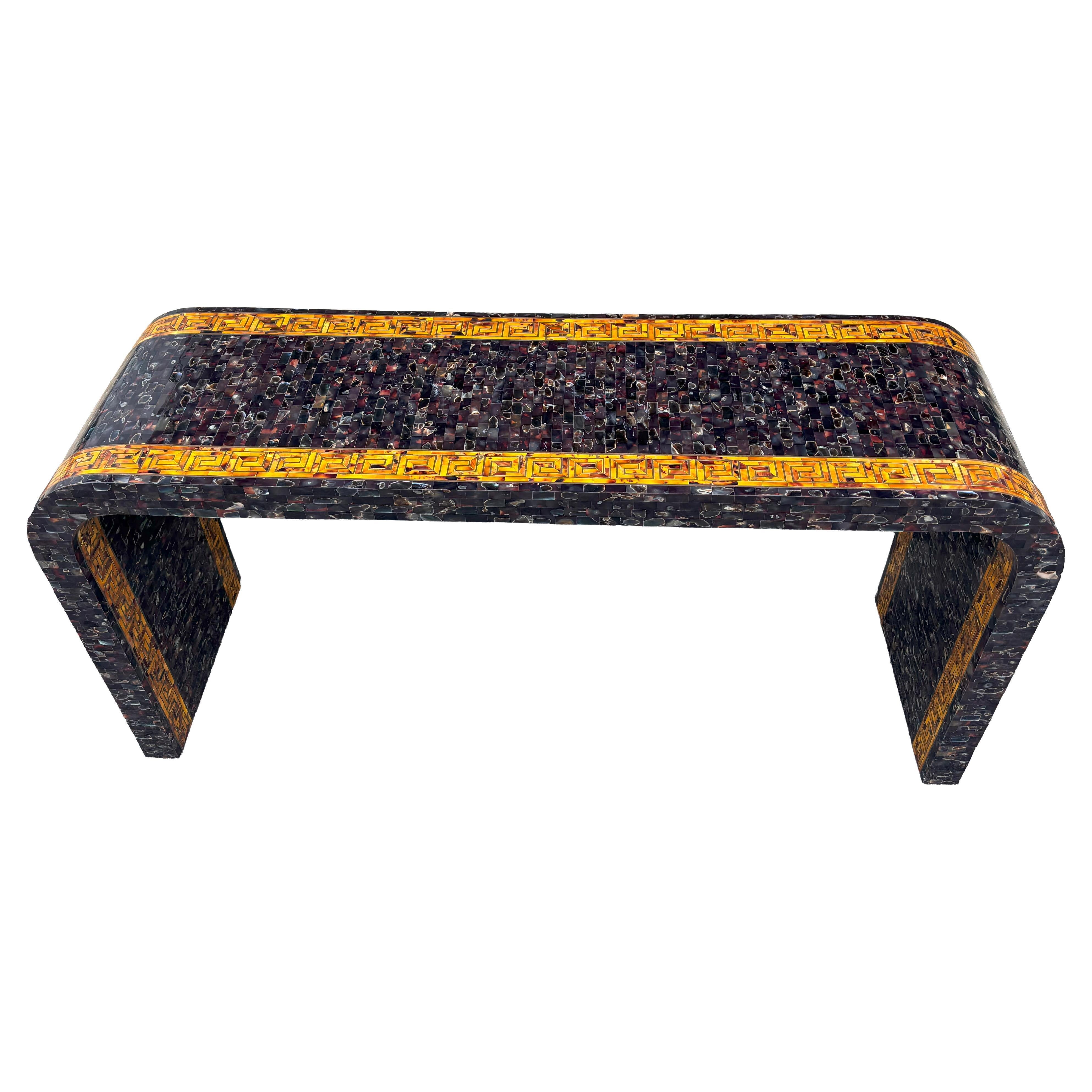 Maitland Smith Tessellated Faux Tortoise And Mother Of Pearl Console Table For Sale