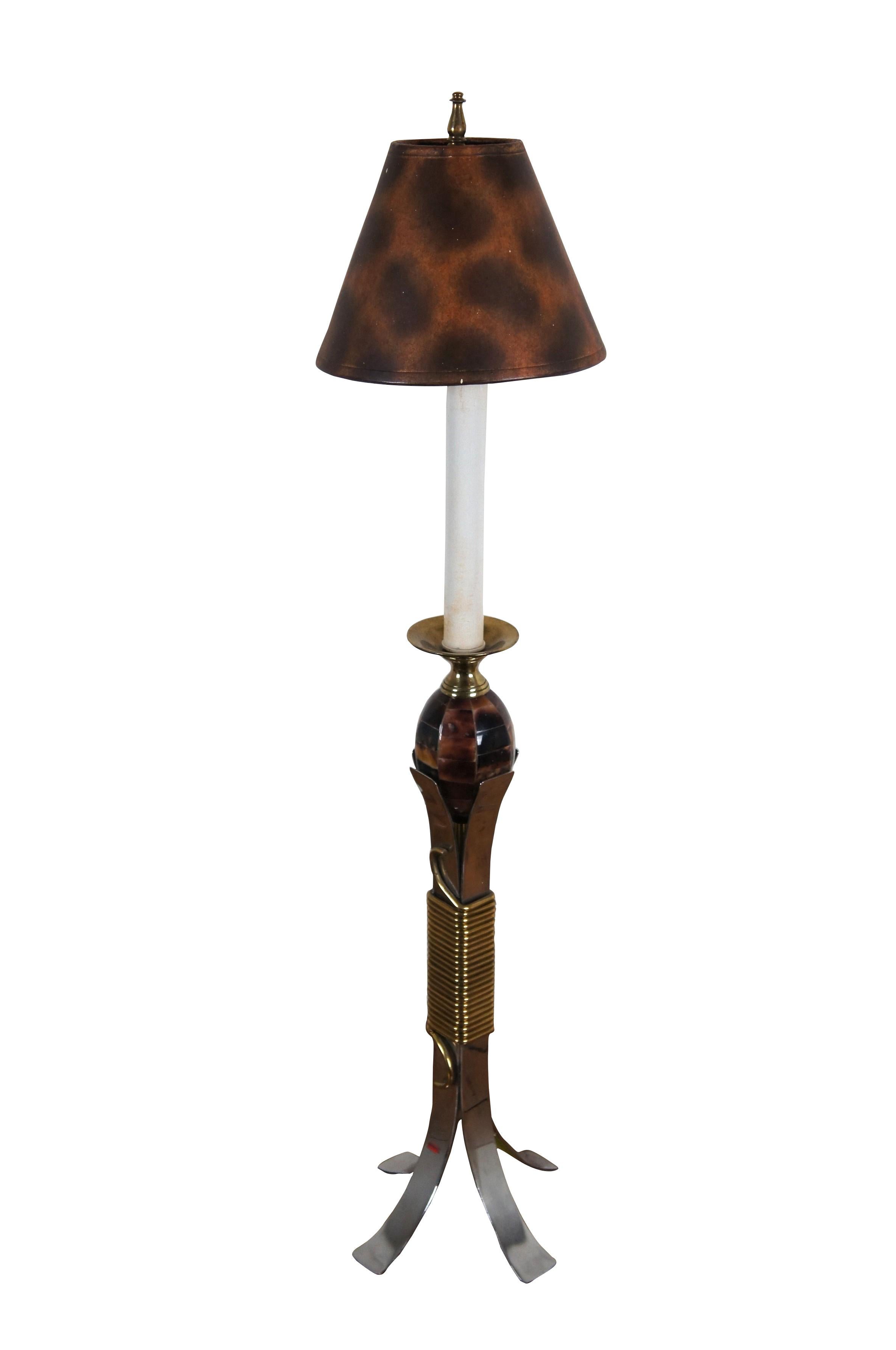 Vintage Maitland Smith 1996 modern candlestick table lamp featuring four chrome legs bound with brass wire, supporting an ovoid / egg shape of tessellated horn, topped with brass candle cup and faux candle. Includes leather shade with foiled