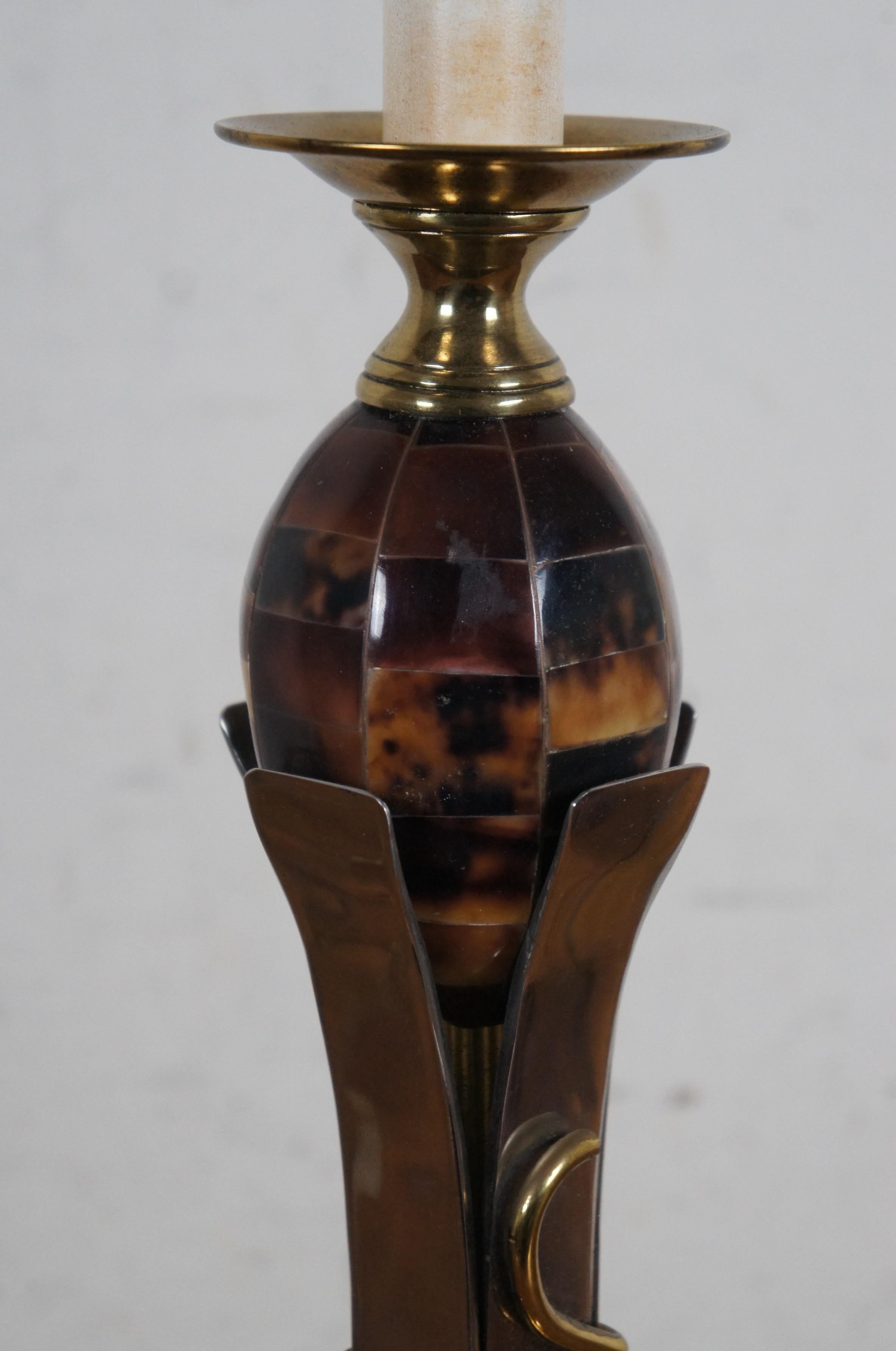 Maitland Smith Tessellated Faux Tortoise Chrome Candlestick Buffet Table Lamp In Good Condition For Sale In Dayton, OH