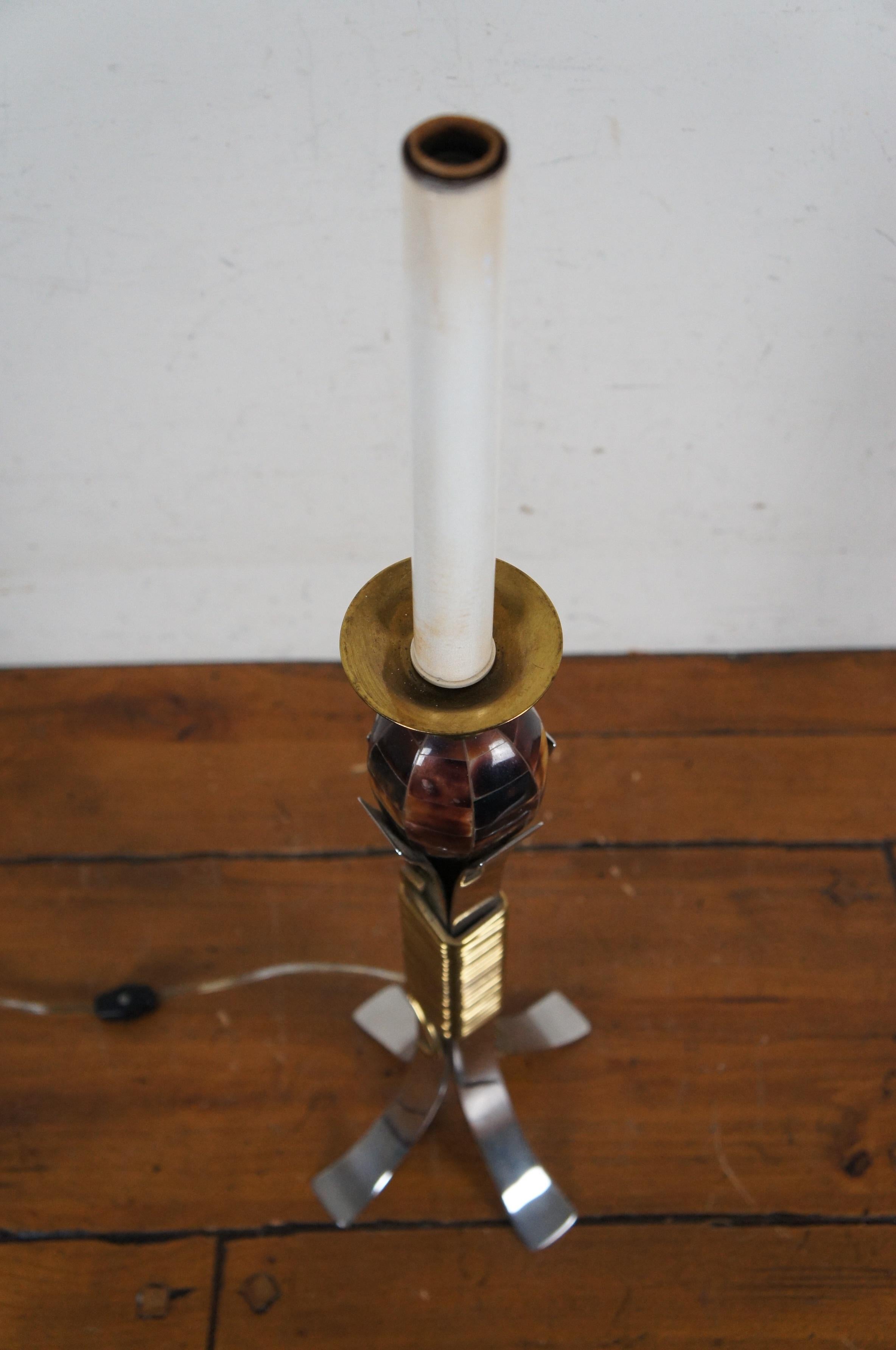 Late 20th Century Maitland Smith Tessellated Faux Tortoise Chrome Candlestick Buffet Table Lamp For Sale