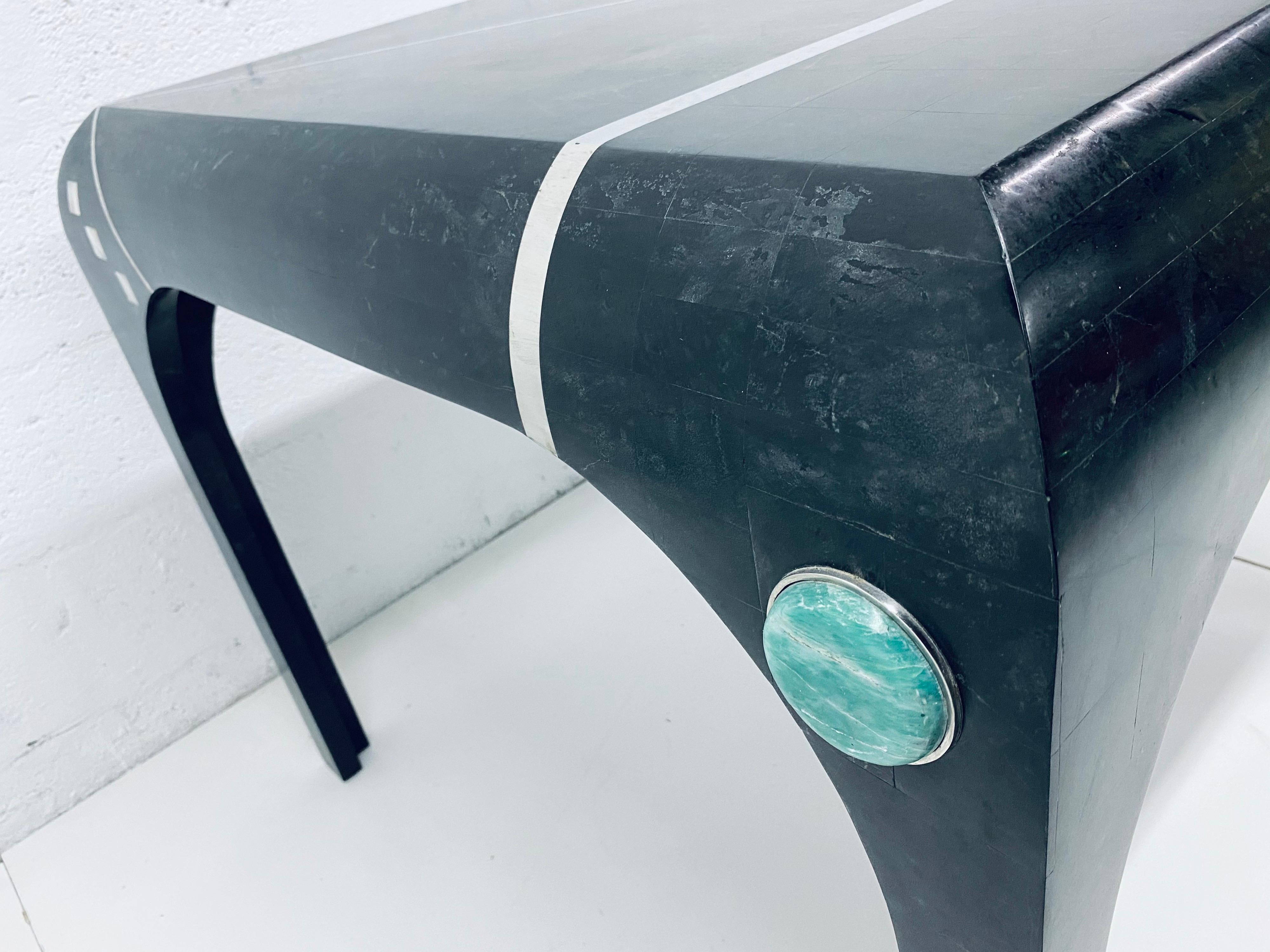 Maitland-Smith Tessellated Game Table with Chrome, Malachite and Pearl Inlay 3