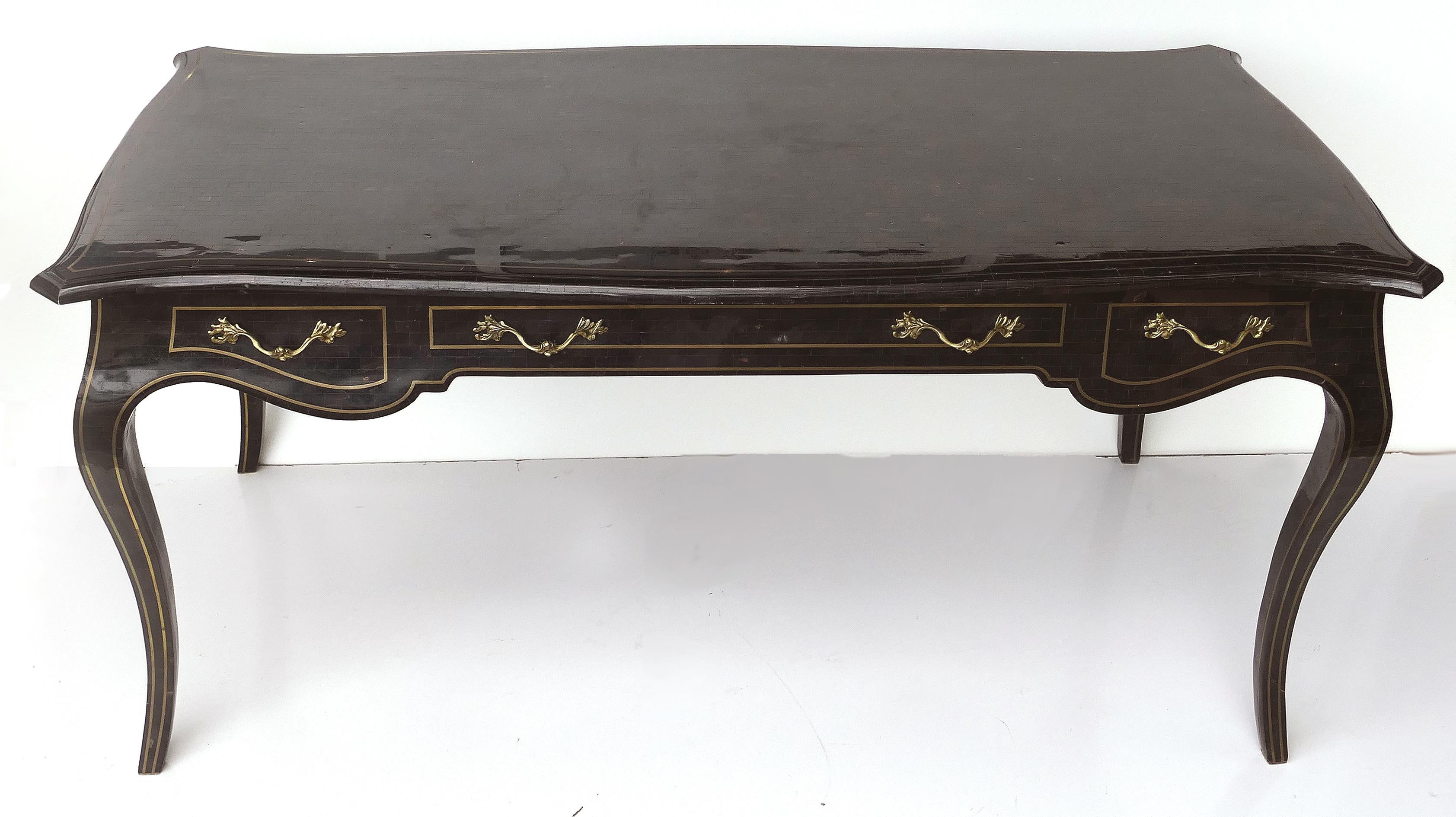 Late 20th Century Maitland Smith Tessellated Horn Writing Desk with Brass Trim