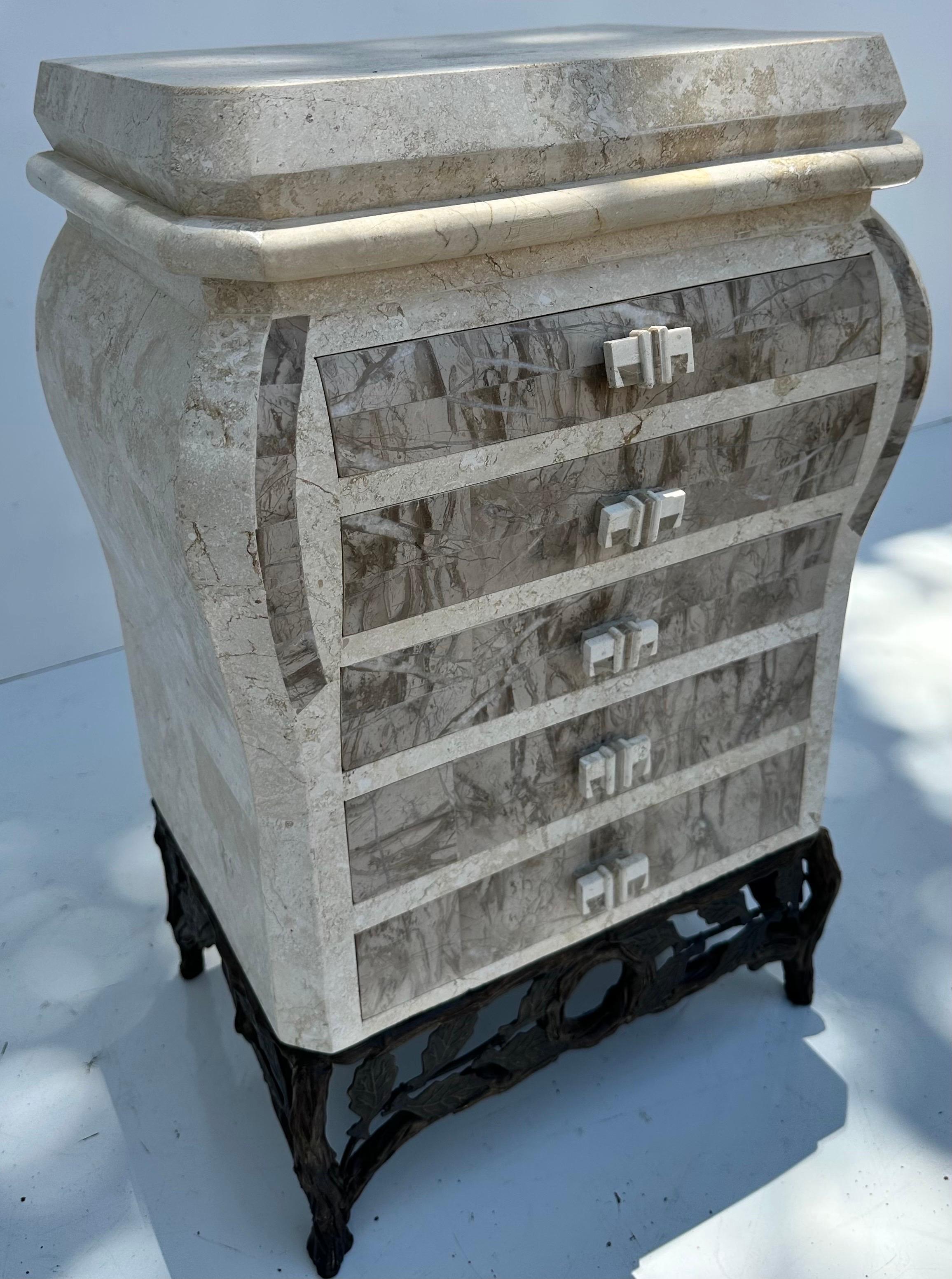 Maitland Smith tessellated marble 5 drawers petite commode.