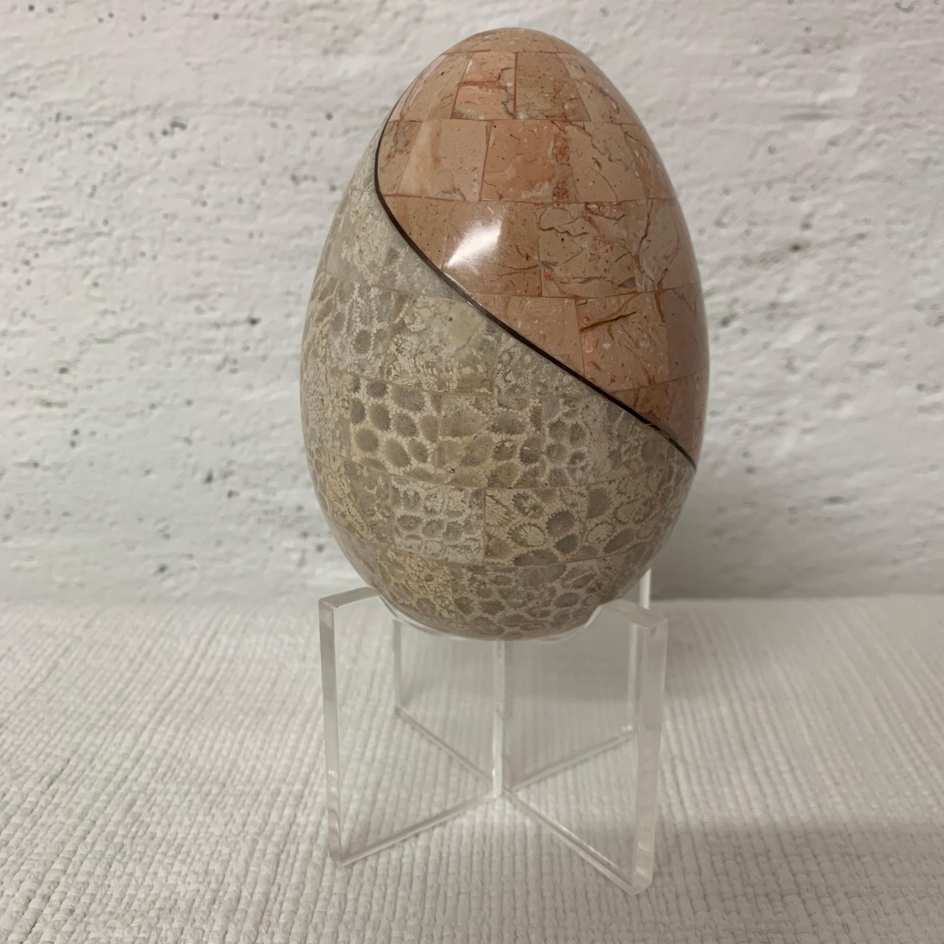 Mid-Century Modern Maitland Smith Tessellated Marble and Bronze Egg on Lucite Stand